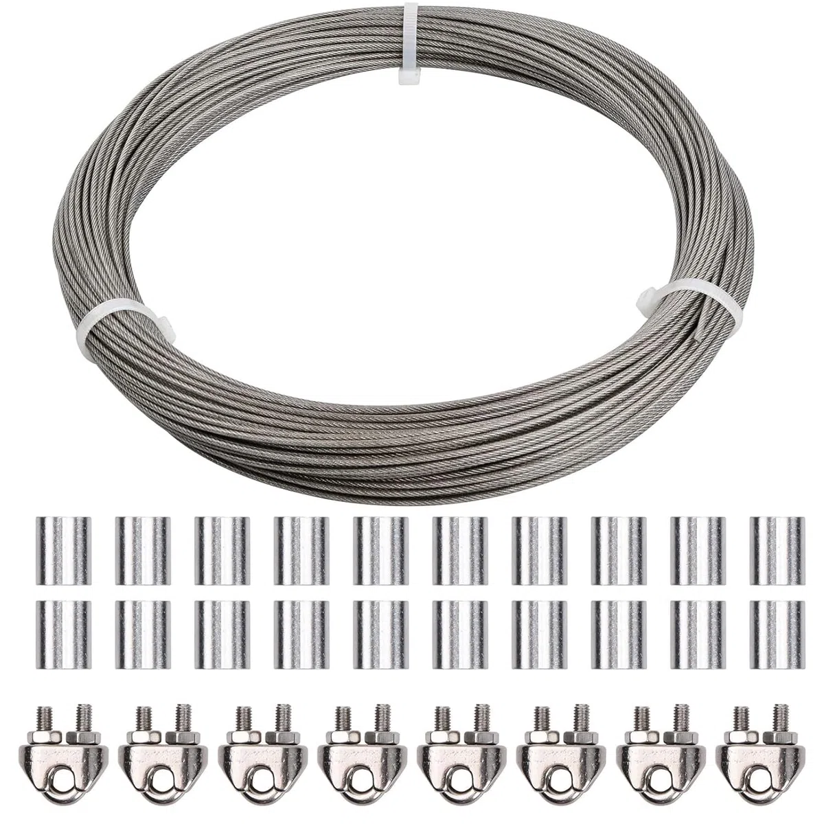 50m Cuerda de Alambre de Acero Inoxidable, Cable de Acero 3mm Recubierto PVC 7x7 con 8 Abrazaderas Cuerda, 20 Virolas de Aluminio, Suspensión Cable de Metal Tendedero Jardín Exteriores (Plata-3mm)