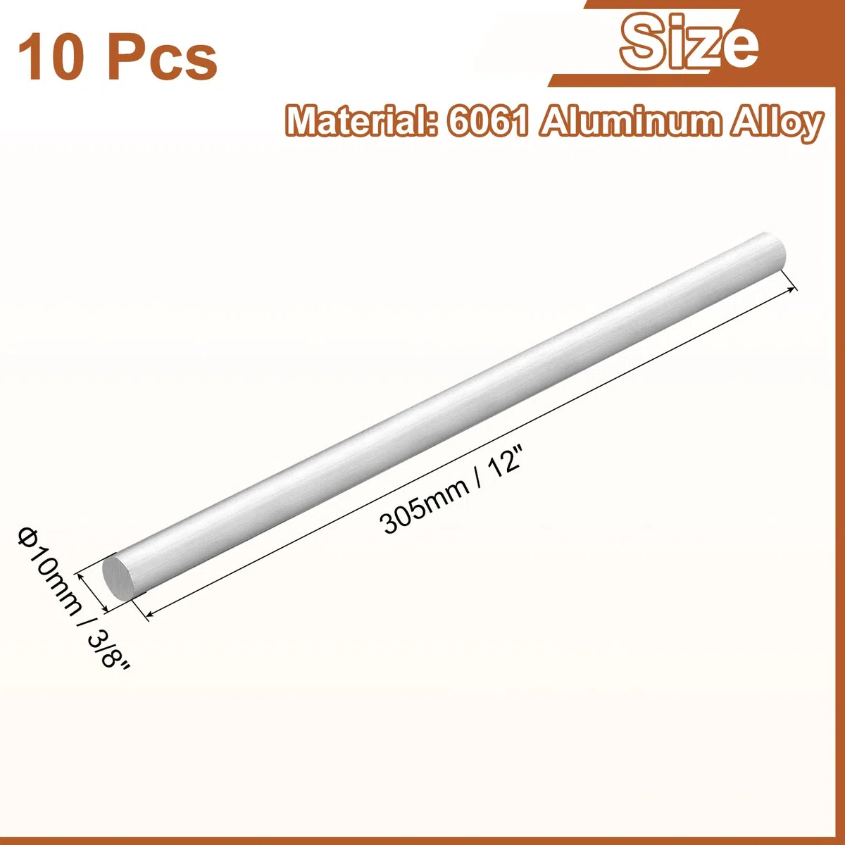 QUARKZMAN 10 Piezas De Varilla Redonda De Aluminio De 3/8" (10mm) De Diámetro, 12" (305mm) De Largo, Varilla Maciza De Aluminio 6061 Para Industria Construcción Manualidades DIY