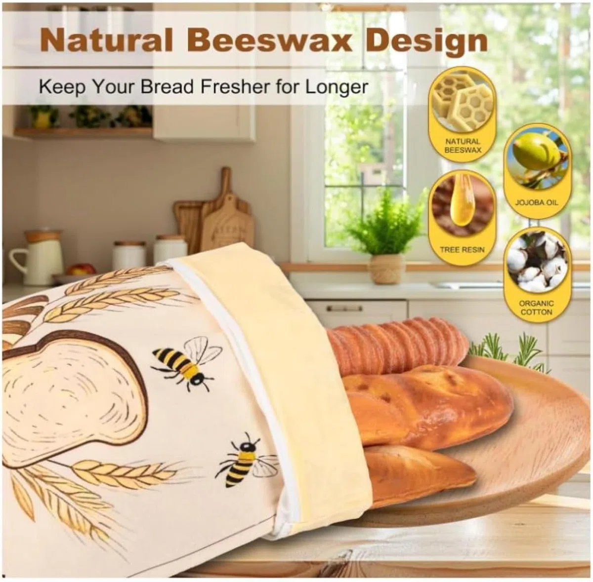 2 bolsas de pan de cera de abeja para pan casero, bolsas reutilizables de cera de abeja para masa madre, bolsa de algodón encerado con cremallera sellada, mantiene fresca durante más tiempo, bolsa de