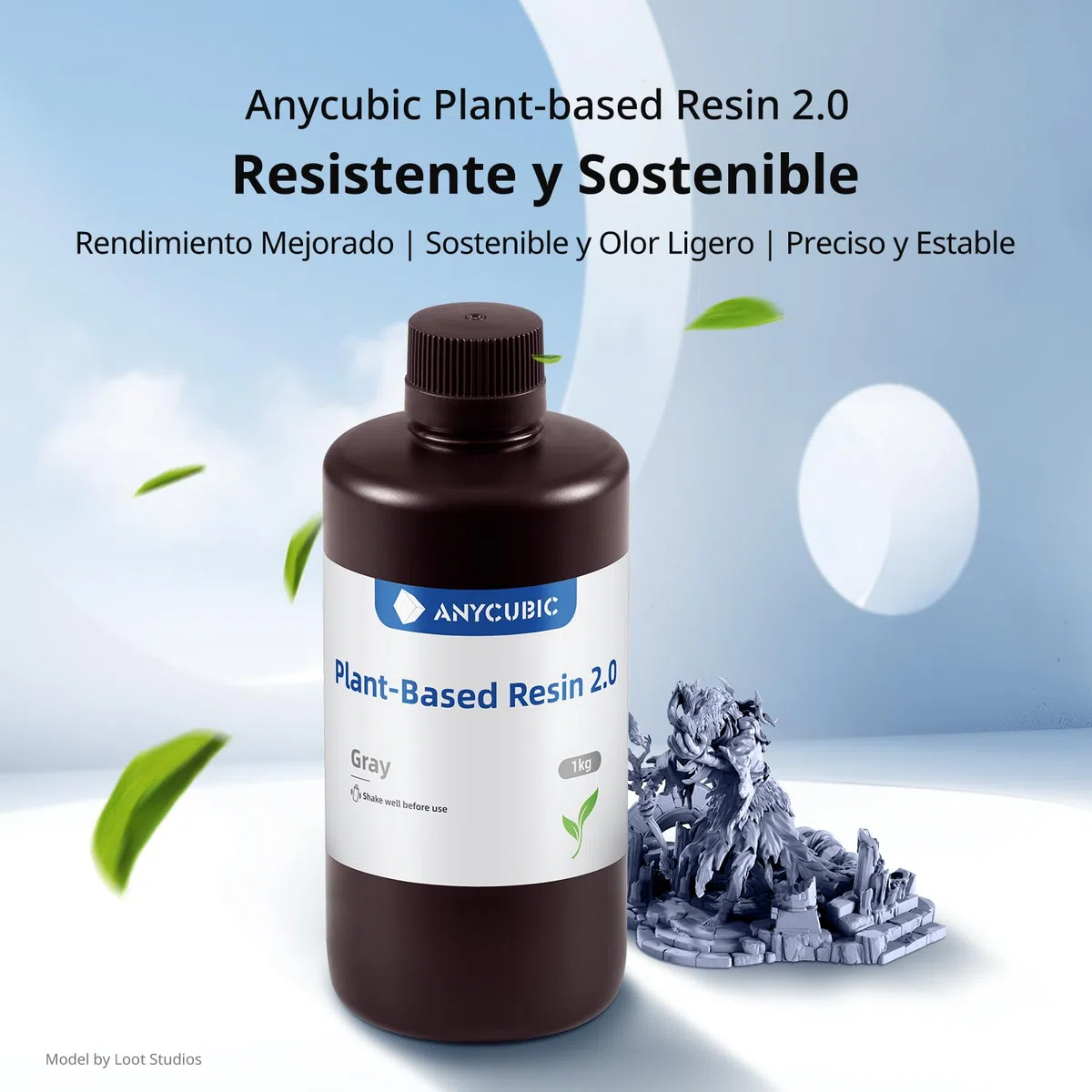 ANYCUBIC Resina de Base Vegetal 2.0, Resina de Bajo Olor para Impresora 3D, Dureza Mejorada, Resistencia a la Flexión, No Fácil de Romper, Resina para Impresoras 3D LCD 405nm, Gris 1000g