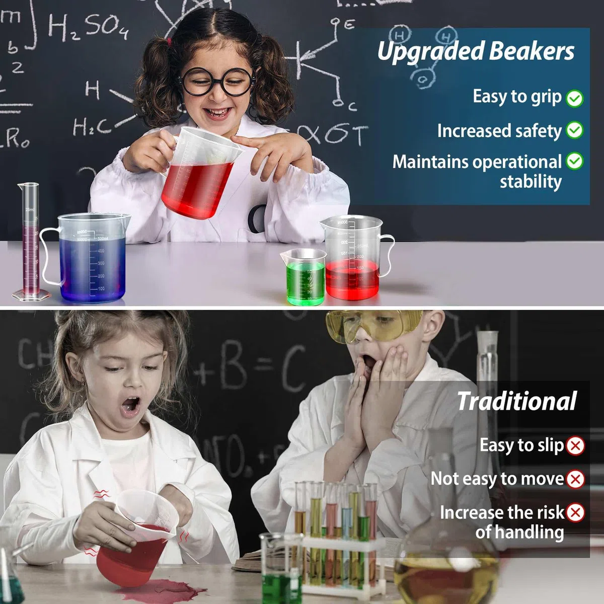 moveland Juego de cilindros graduados de plástico y vasos de plástico mejorado, cilindro graduado de 10 ml, 25 ml, 50 ml, 100 ml, vasos de 50 ml, 100 ml, 250 ml, 500 ml, 1000 ml, 5 pipetas, ideal para