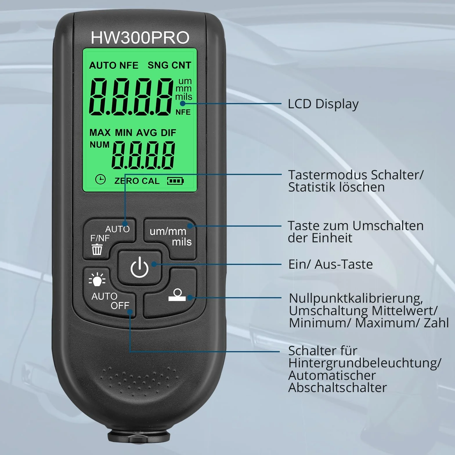 Medidor Espesor Pintura Coche, Medidor De Espesor De Pintura, Con Pantalla LCD, Fe & NF μm/mm/mils 0-2000μm Medidor de Pintura Automático, Max/Min/Avg para Pintura Fabricación Talleres Coches