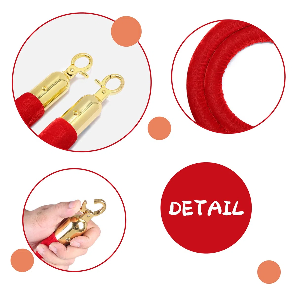 2 piezas Roja Cuerdas de Barrera de Terciopelo Barrier Ropes Barrera de seguridad de cuerda de control de multitudes 150cm