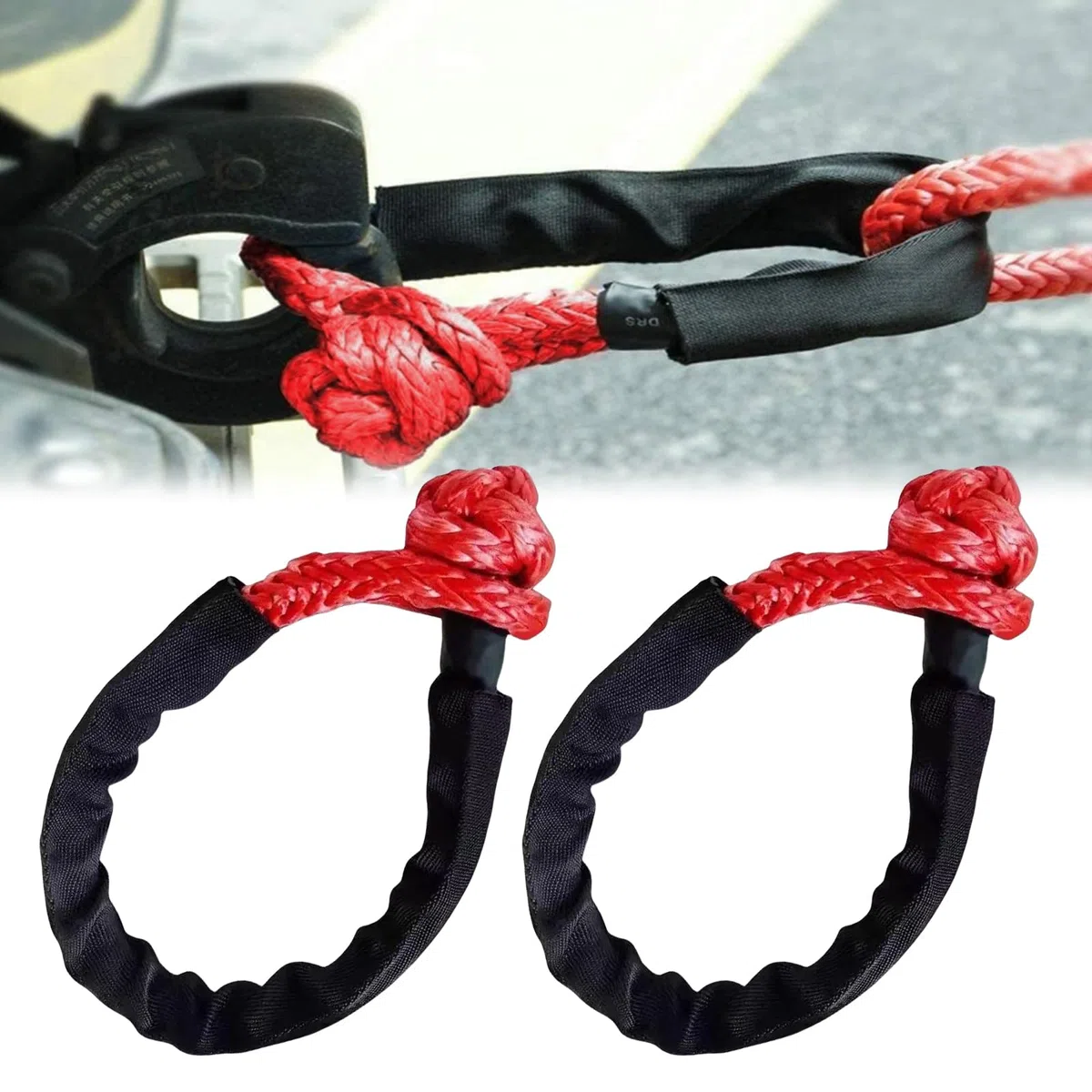Lote de 2 grilletes flexibles: grillete flexible portátil para remolque fuera de la carretera con funda de protección, 17t resistencia a roturas, cuerda sintética para offroad, aventureros al aire