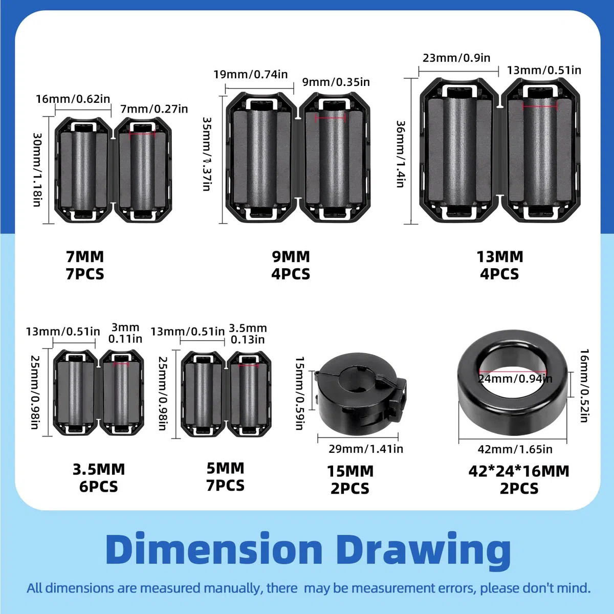 Glarks 32pcs Black Clip-on Ferrite Ring Core Set Incluye 28pcs 3.5/5/7/9/13MM Clips de cable de diámetro interno Clips de cable de supresor de ruido RFI EMI 2pcs Toroid Cores 2pcs Ferrite Cores