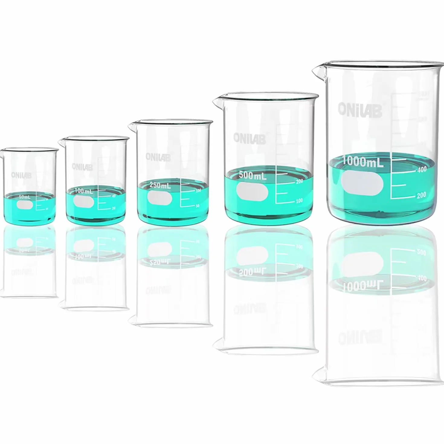 Conjunto de vasos de vidrio onilab 50ml 100ml 250ml 500ml 1000ml (un paquete de 5 piezas) 3.3 boro Griffin low forms, con cristalería científica de graduación impresa para laboratorio