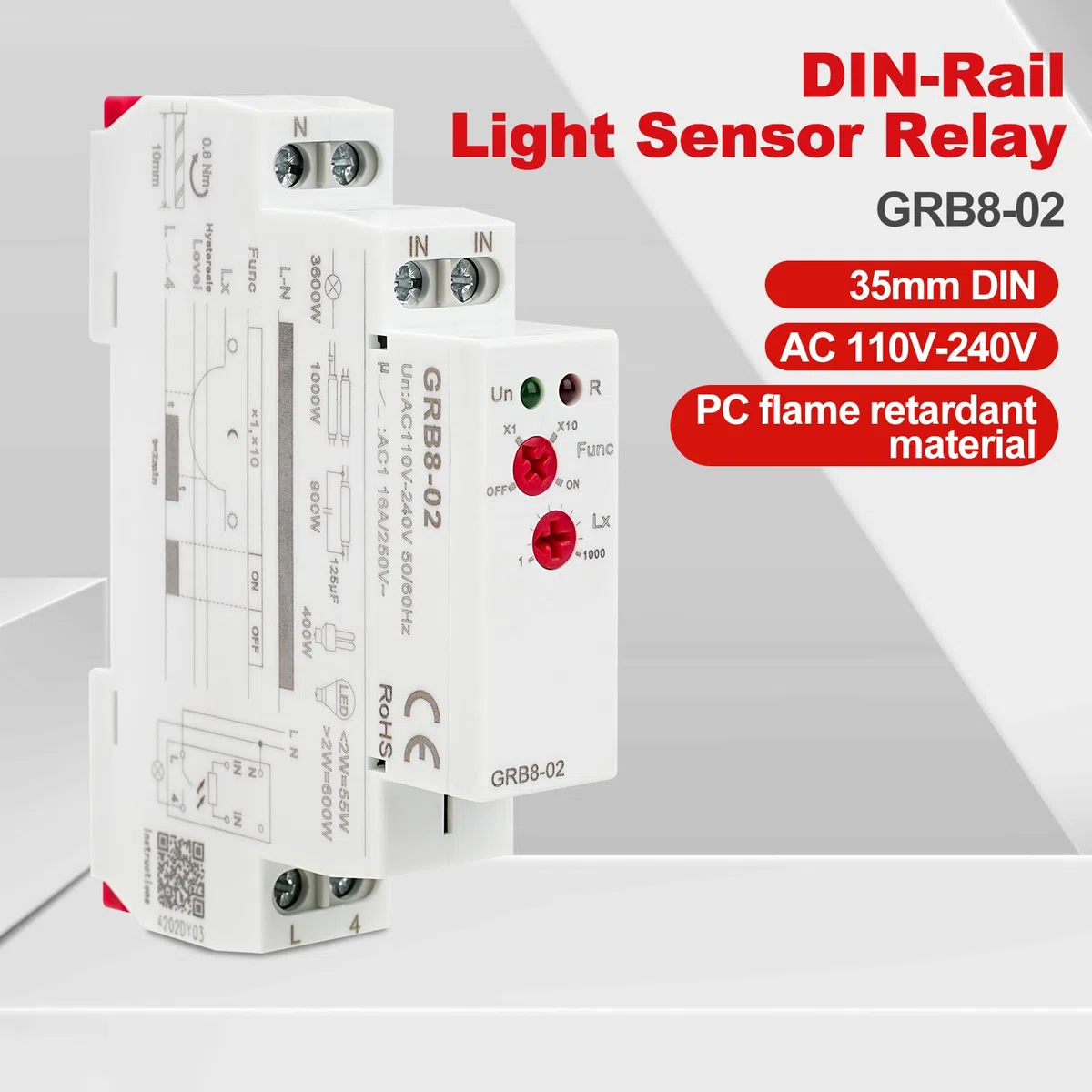 BuyWeek GRB8-02 Relé Fotocontrolado Relé de luz de Temporizador Fotoeléctrico Sensor Crepuscular Exterior Montaje Riel Interruptor Automático AC 110V-240V Sensibilidad lumínica:1-1000 Lx/10-10 000 Lx