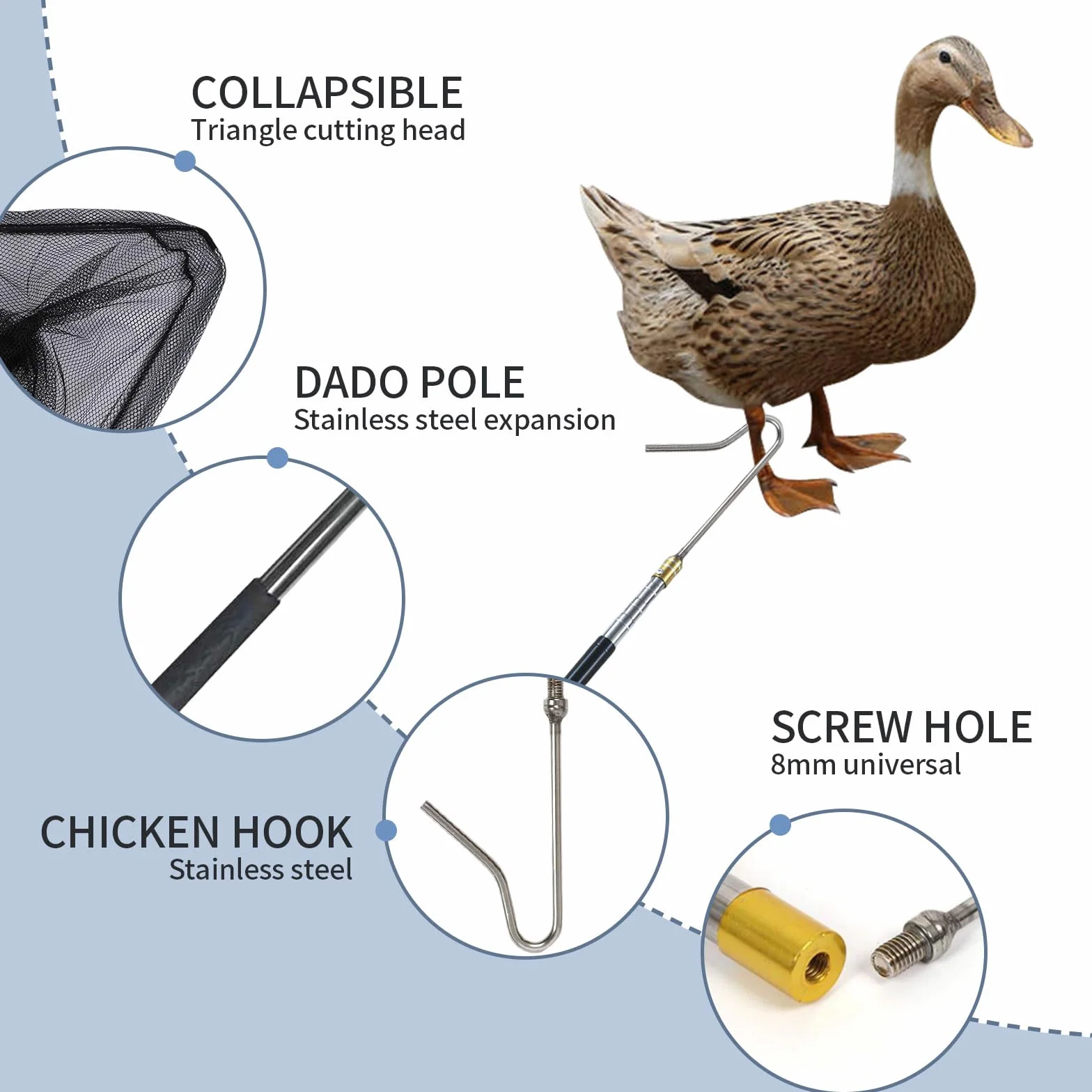 Gancho para las piernas retráctil de acero inoxidable 2 en 1, red de captura para aves de corral, atrapador de pájaros, pescado, pesca telescópica para pollo, pavo, ganso, pato