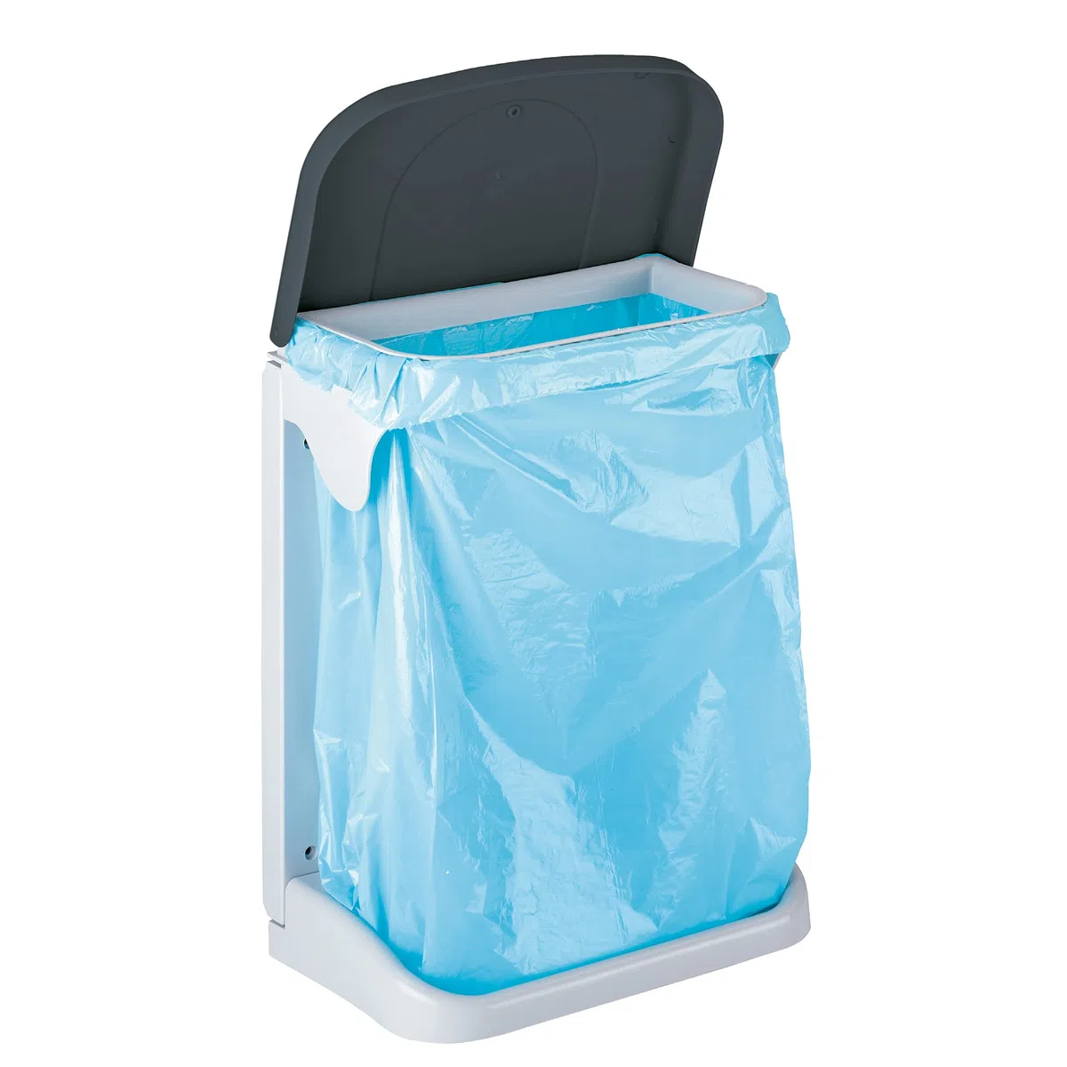 DENOX Cubo de Basura Interior 20L para Armario con Apertura Automática – Papelera con Aro Sujeta-Bolsas, Compartimento para Rollos y Montaje en Puerta – Color Blanco/Gris