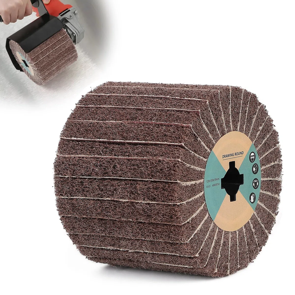 EXLECO Cepillo de Rodillo Abrasivo para Lijadora Electrica 19x120x100mm, Grano 120 de Fibra Sintética con Papel de Lija para Pulidora, Satinado para Pulido de Superficies de Madera y Metal