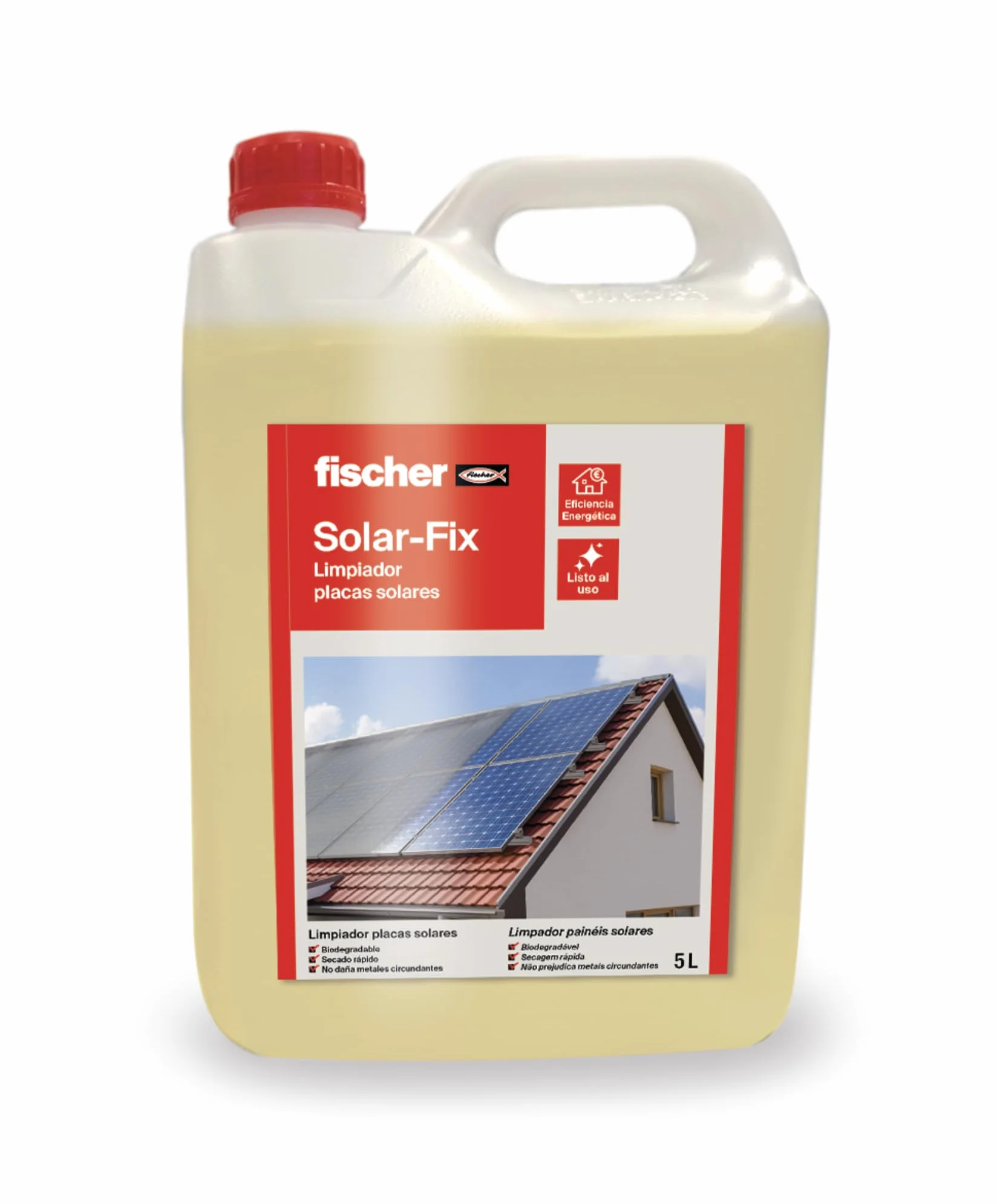 fischer - Limpiador Placas Solares con Tensioactivos e Inoloro | Aplicable con Pulverizador o Paño de Microfibra | No Raya, Ni deja Restos en la Placa Solar | No Necesita Aclarado (Garrafa 5 l.)