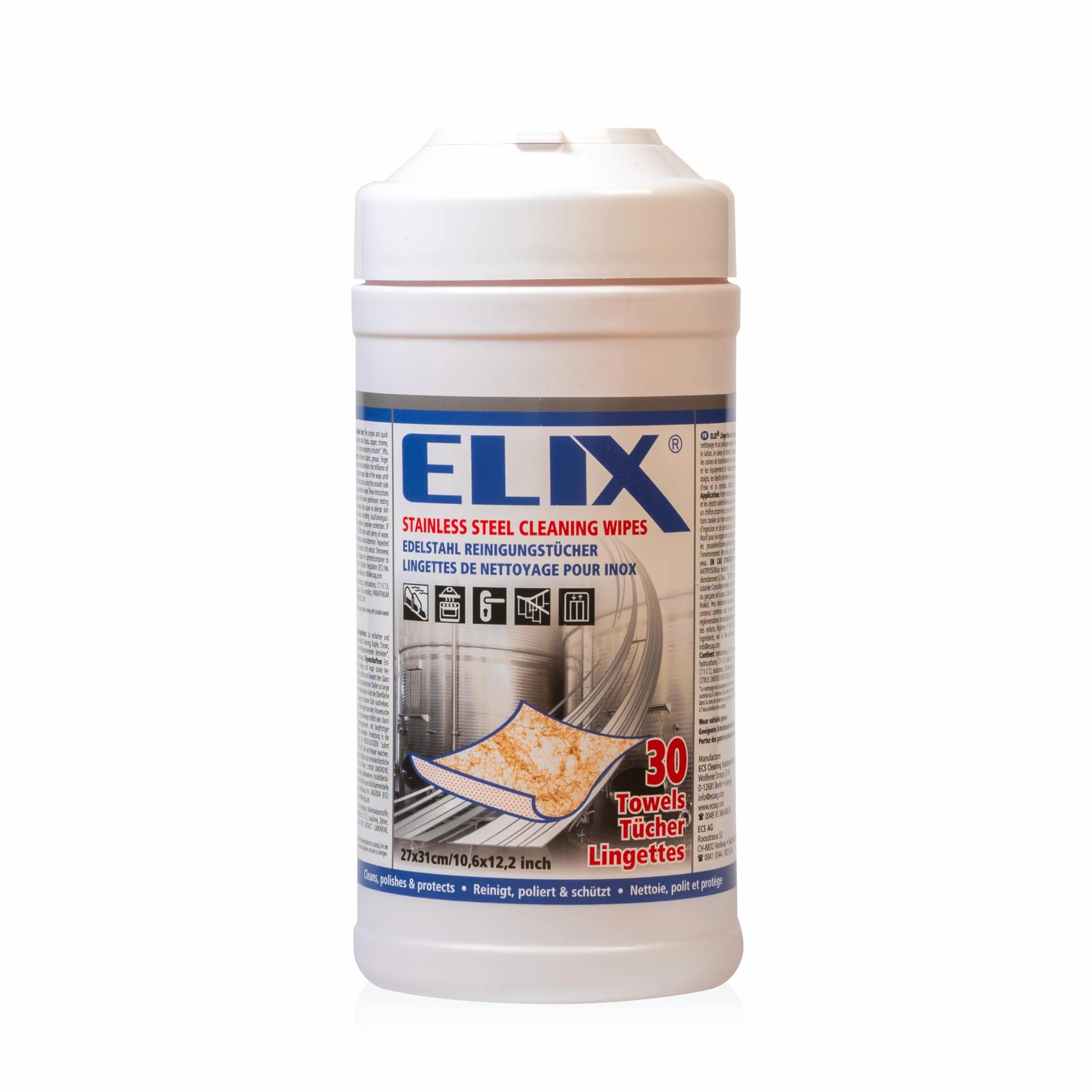 ELIX Toallitas Húmedas para Acero Inoxidable - para Acero Inoxidable, Aluminio, Cerámica, Cromo, Cobre y Latón - 30 Unidades en Dispensador - Paños Húmedos 27 * 31cm Naranja - Resistentes y Eficaces