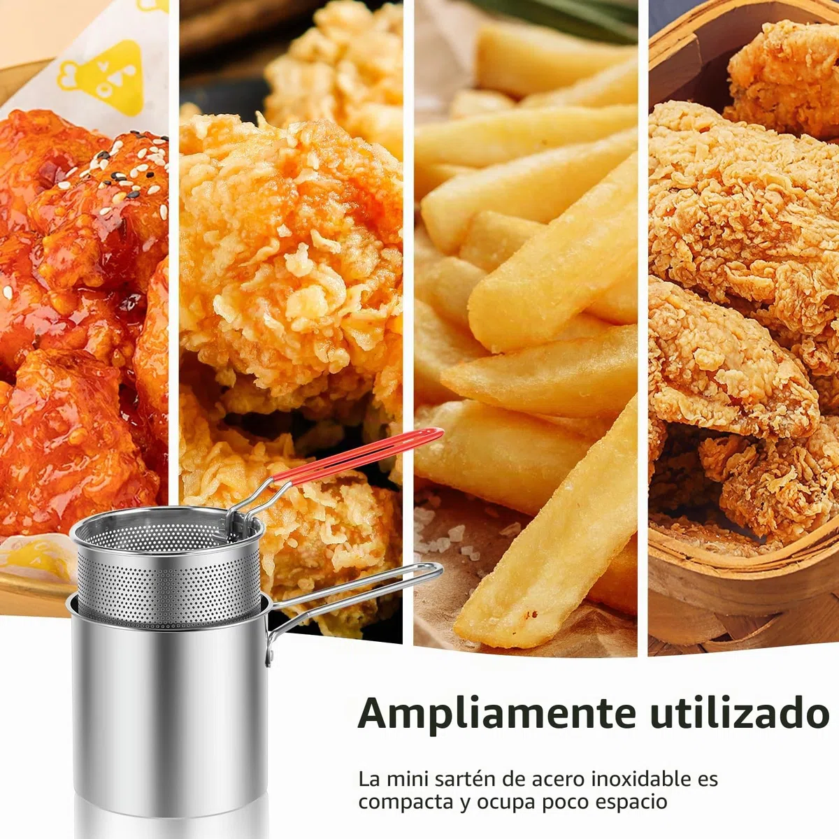 Freidora profunda de acero inoxidable 304 con colador 1200 ml, mini freidora de aceite con asa, utensilios de cocina multifuncionales, sartén para patatas fritas y tempura