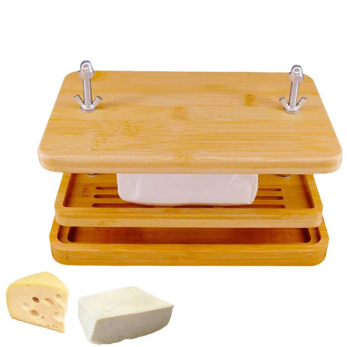 Prensa de tofu, prensa de tofu de material de bambú natural puro con colador de tofu, bandeja de goteo y gasa, sin BPA, fácil de limpiar, elimina fácilmente el agua del tofu, prensa de tofu eficiente,