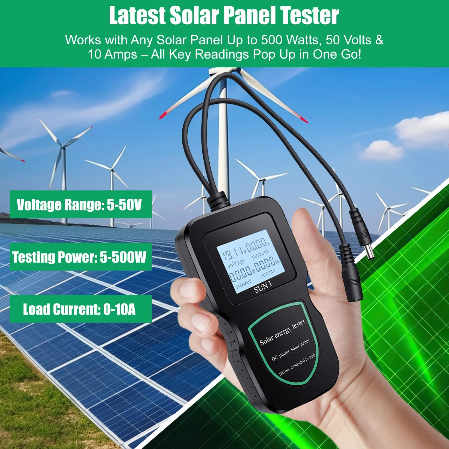 Probador de paneles solares fotovoltaicos, multímetro de panel solar, IP67 de agua, 500 W, pantalla LCD, datos en tiempo real, actualizar los datos en tiempo real, comprobador de Mppt para la