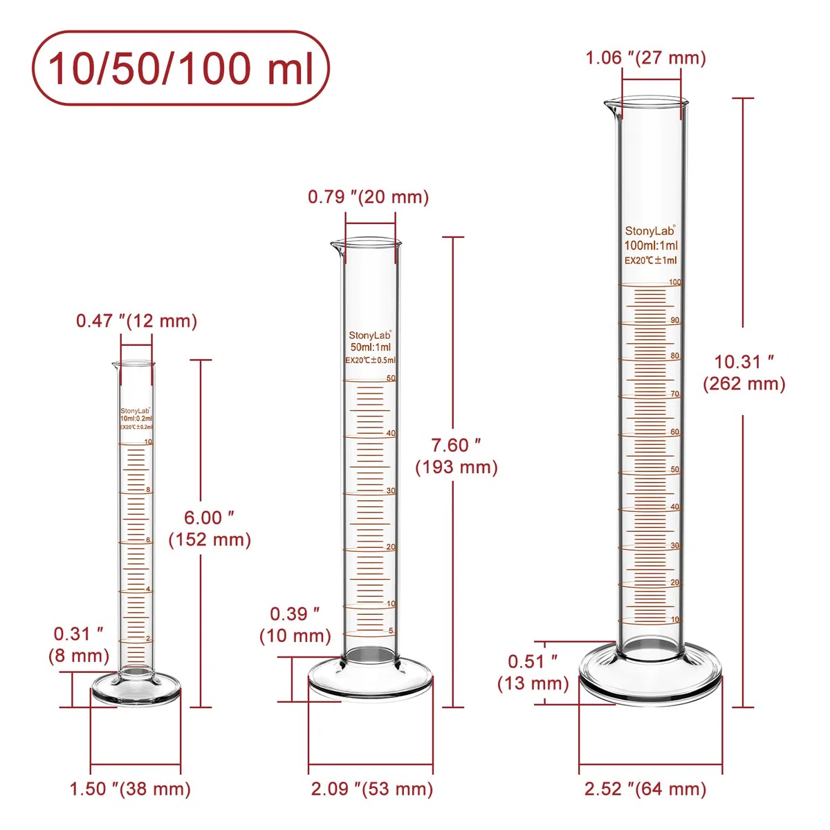 stonylab Cilindro de Medición Graduado, 10 ml / 50 ml / 100 ml Juego de Cilindros Graduados de Vidrio de Borosilicato de Paredes Gruesas Cristalería de Laboratorio