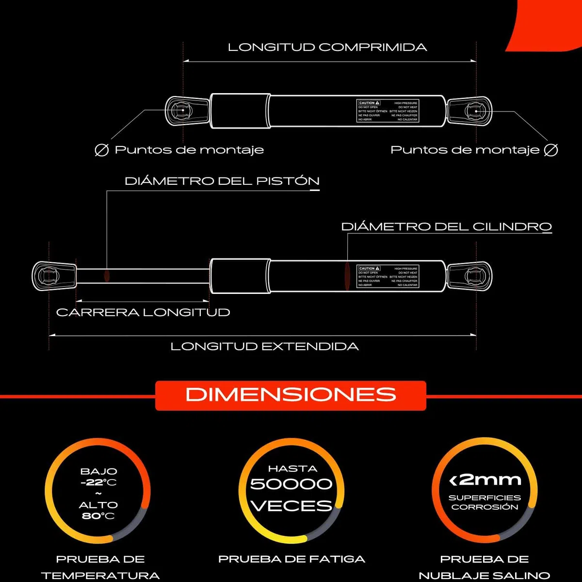Frankberg 2x Resorte de gas universal Amortiguador de presión de gas Resorte de presión de gas Amortiguador 350N 255MM 89MM