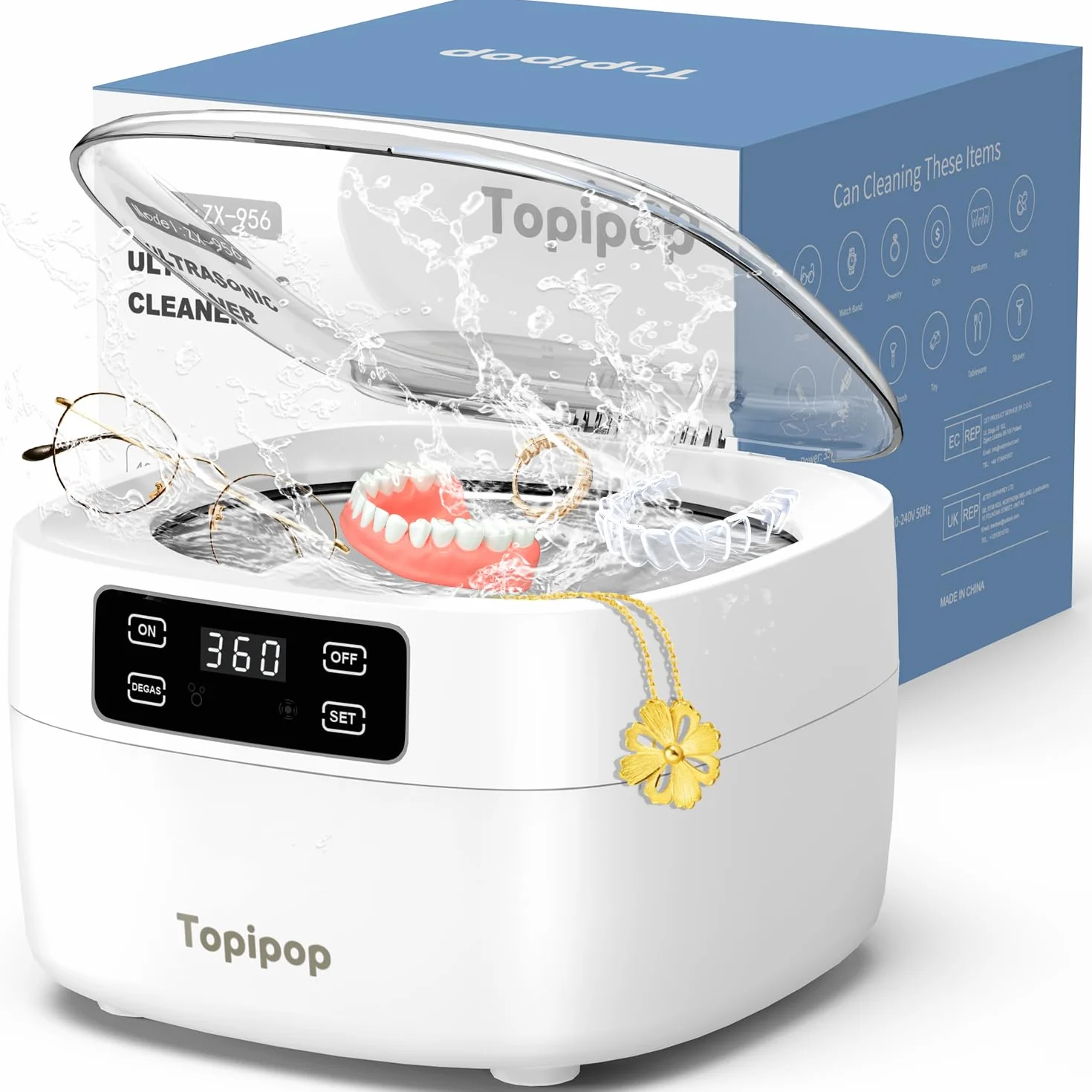 Topipop Dispositivo de limpieza ultrasónica, 48000 Hz, limpiador ultrasónico, 750 ml, limpiador ultrasónico de 5 modos, para limpiar gafas, joyas, relojes, anillos, cuchillas de afeitar, etc. (blanco)