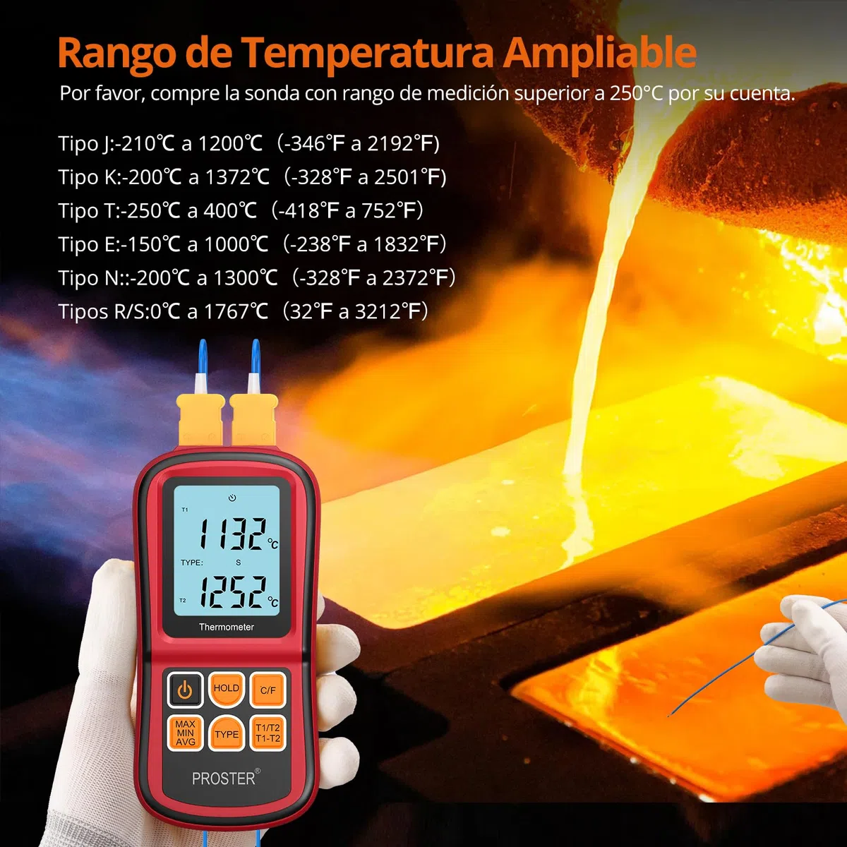 Proster Termómetro Digital de Doble Canal con Dos termómetros de Temperatura Tipo K con retroiluminación LCD para termopar K/J/T/E/R/S/N