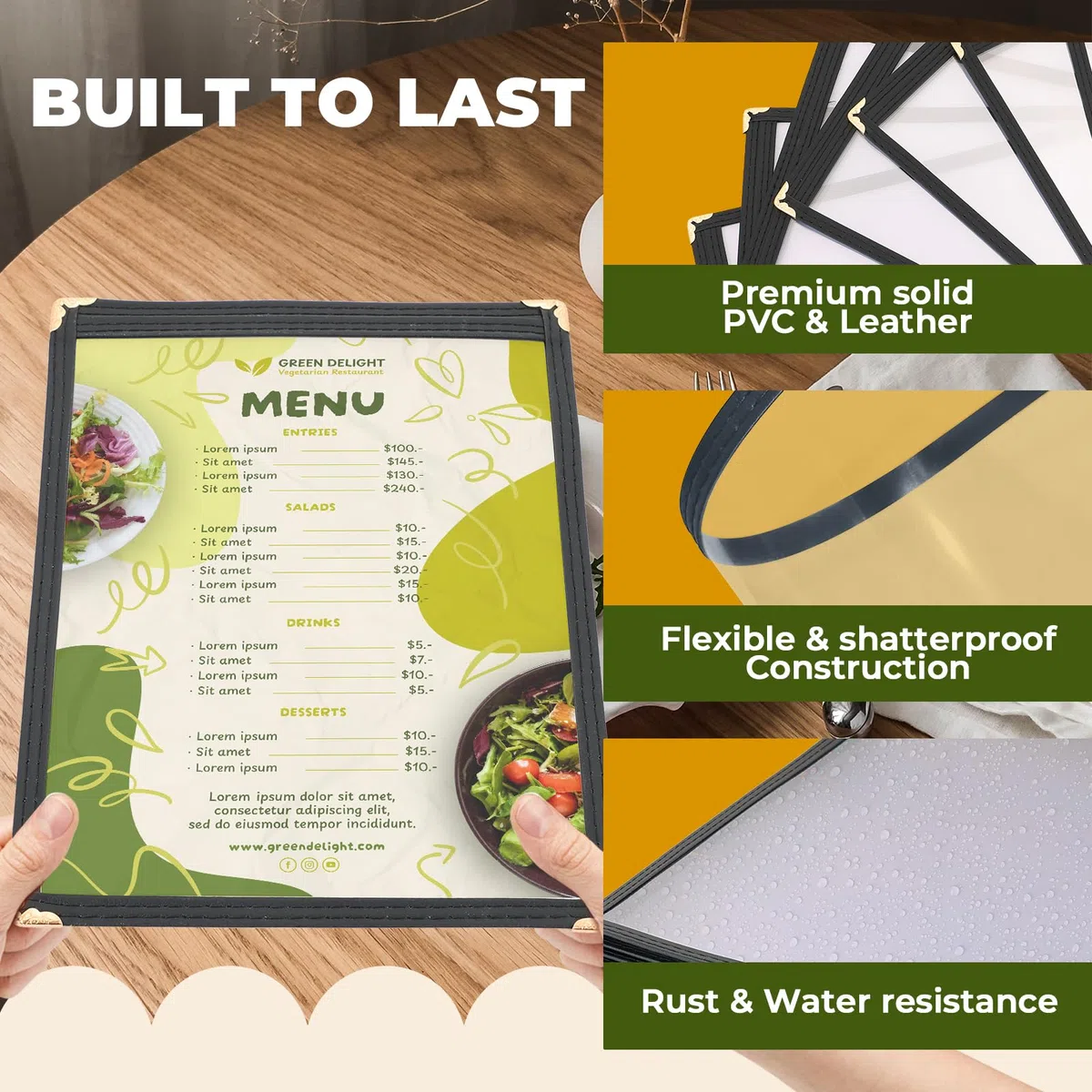DASBET Cubiertas de menú A5, soporte para menús de restaurante, 1 página y 2 vistas, cubiertas de menú transparentes, carpeta de menús negra, libro de menús transparente con protectores de esquina de