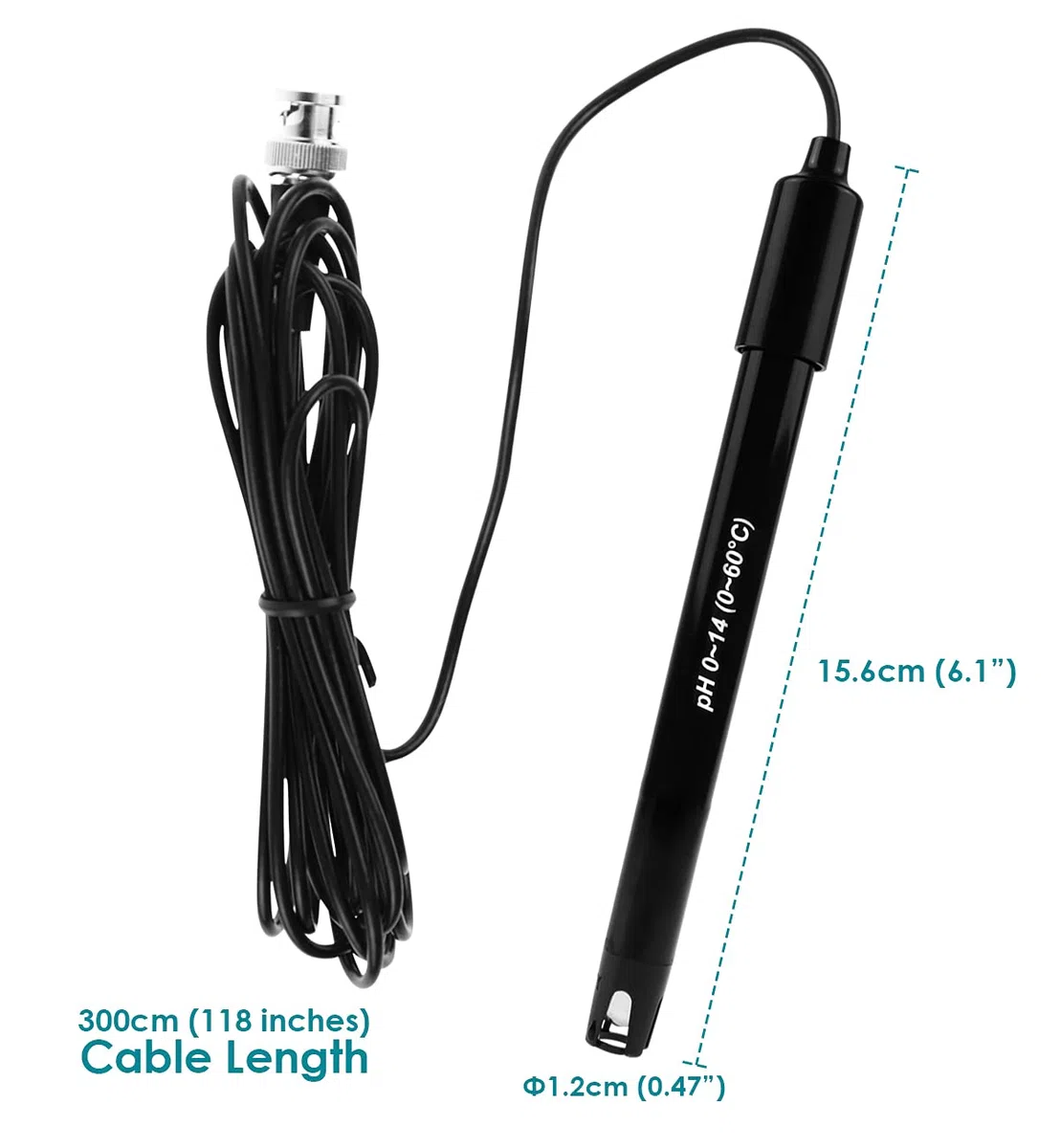 GAIN EXPRESS Electrode pH 0-14 muestra con conexión BNC, cable 300 cm para prueba de pH, kit de reemplazo para acuario, hidroponía, planta, piscina, spa