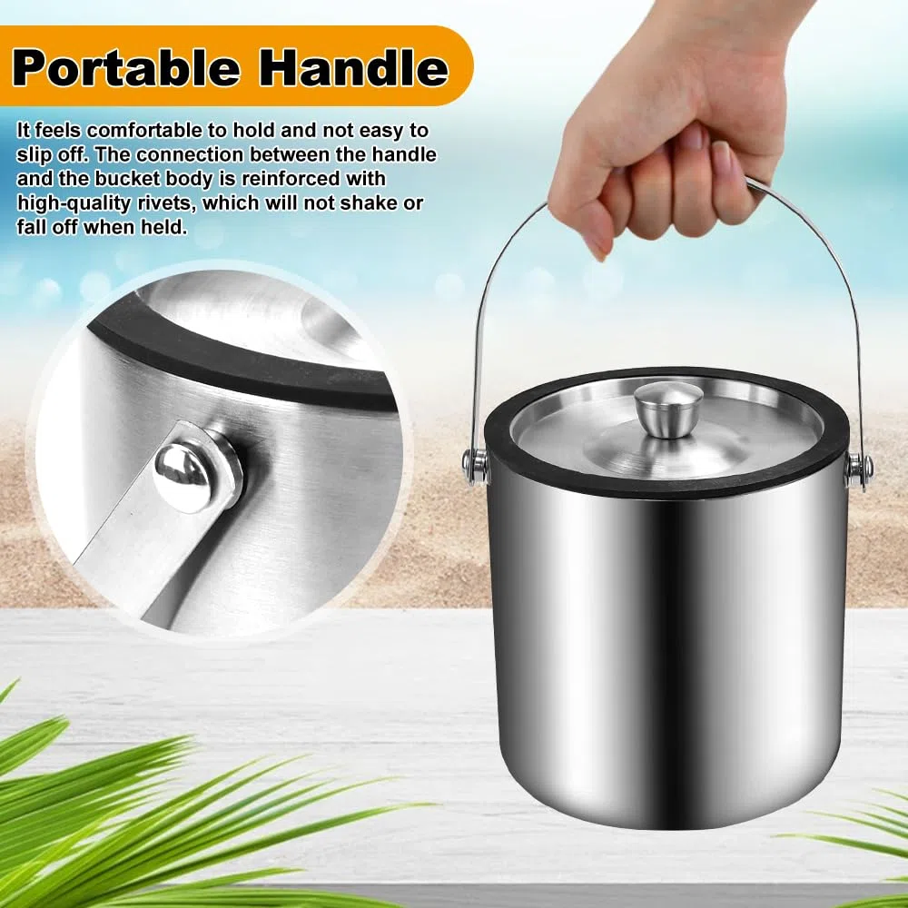 LPAMABA 2L/67OZ Eiskübel, enfriador de vino, enfriador latas con Asa y tapa, cubiteras para hielo grande de Acero Inoxidable, enfriador de botellas para Cerveza, Bebidas y Vino