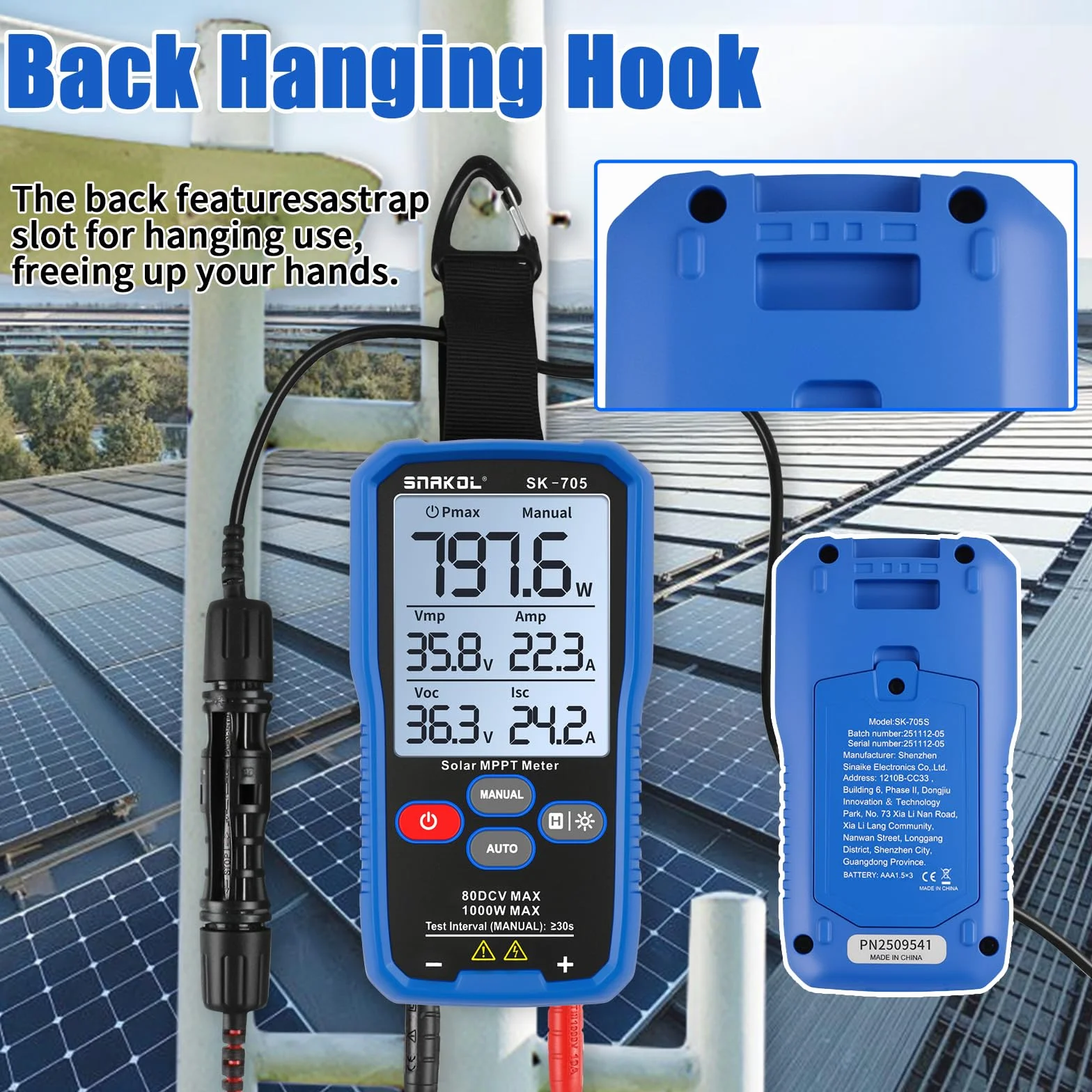 SK-705 Probador MPPT Solar para Módulos Fotovoltaicos – 1000 W, Máx. 80 V DC, 35 A, Medición Automática y Manual de Potencia, Voc Isc Vmp Pmax, Pantalla LCD de 3,2", Tester FV Portátil