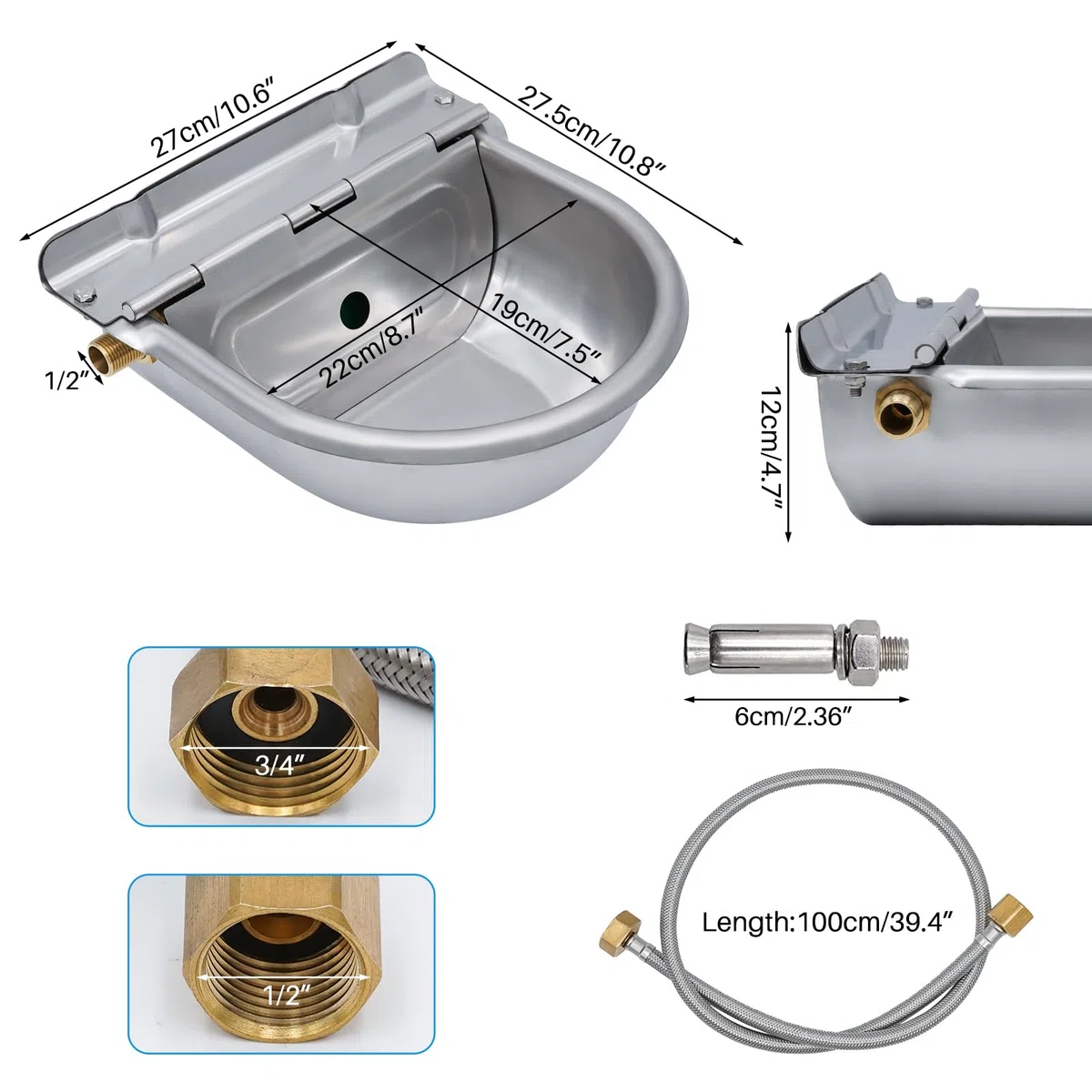 Bebederos Automaticos para Perros, Bebedero para Ganado de Acero Inoxidable, con VáLvula de Flotador de LatóN de 1/2", Adecuado para Ganado, Ovejas, Perros, Caballos, Alpacas