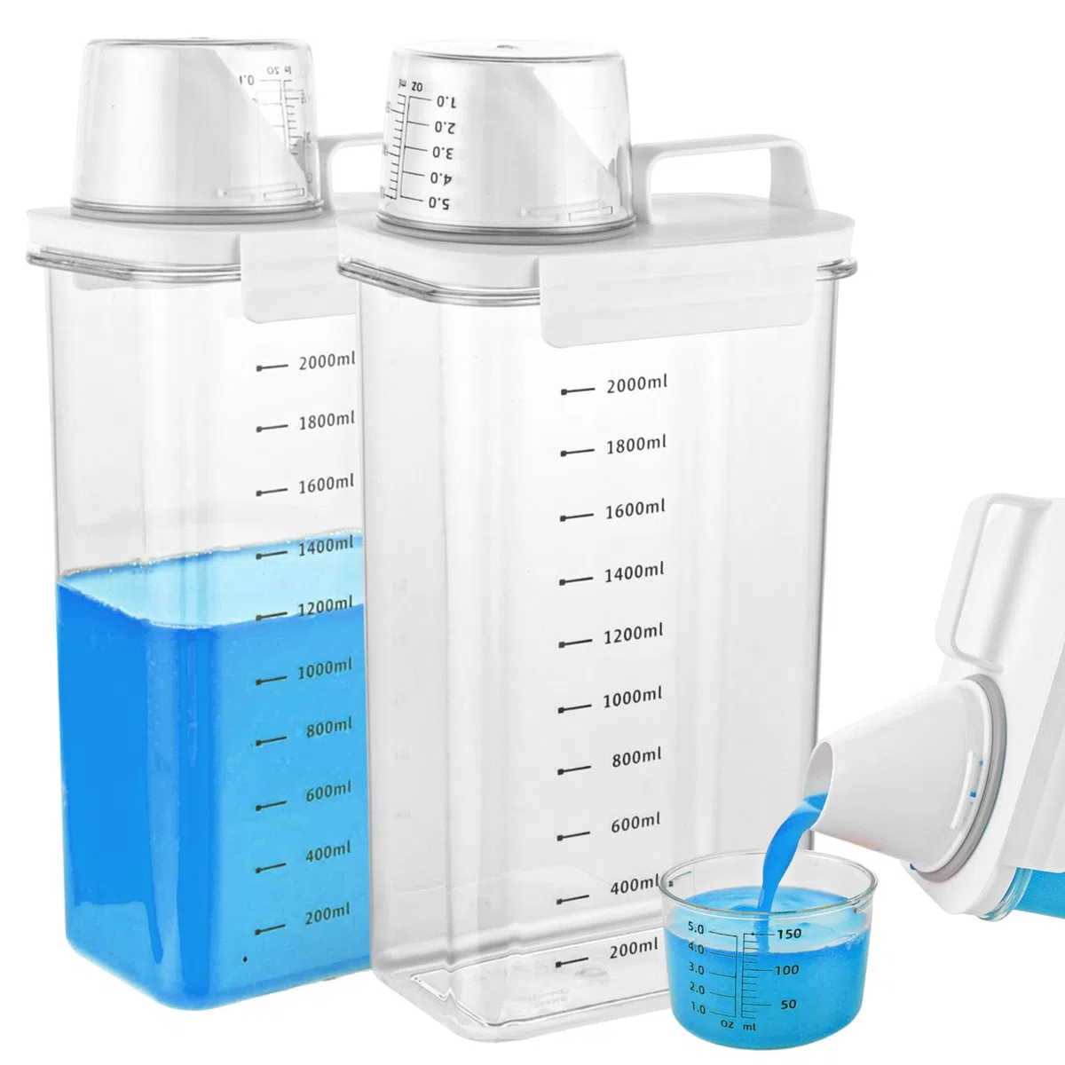Pack de 2 Detergente Lavadora Liquido, Detergente Lavadora Polvo, Dosificador 2300 ml con Vaso Medidor, Dispensador Transparente para Lavanderia
