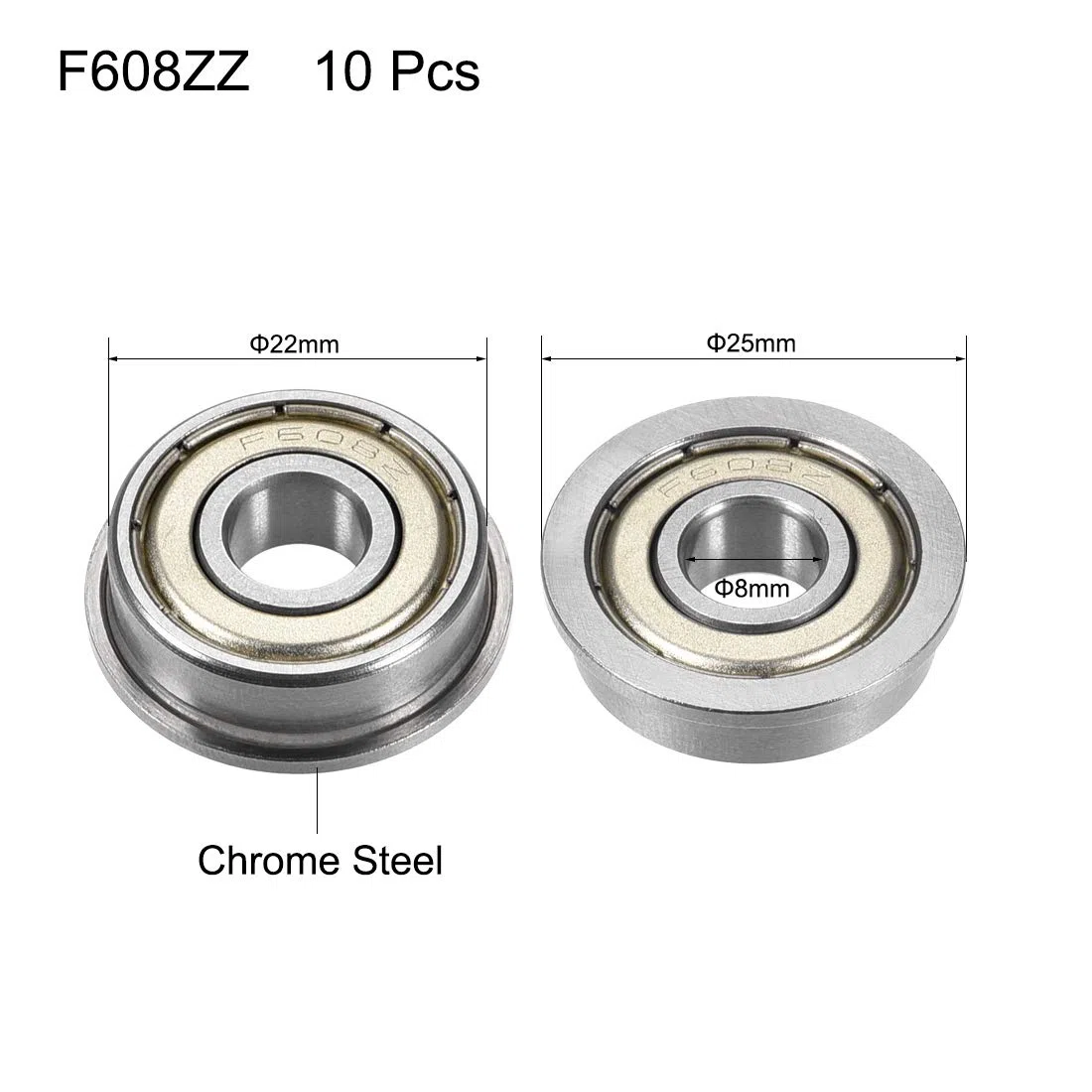 sourcing map F608ZZ Rodamiento de bolas con brida 8x22x7mm Rodamientos de acero cromado con blindaje doble de metal (GCr15) 10 piezas