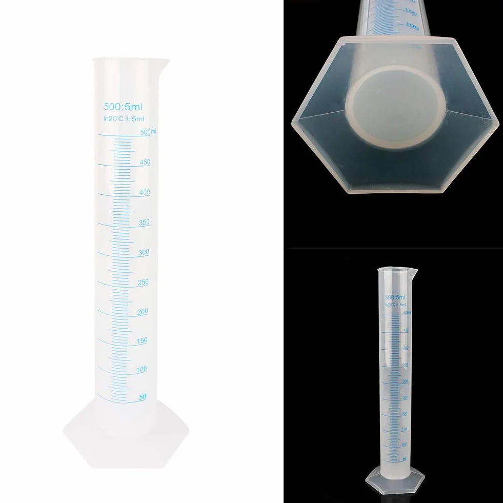Cilindro graduado, 500 ml probeta de medición de plástico, probeta graduada transparente con base hexagonal, herramienta de medición de laboratorio de líquidos