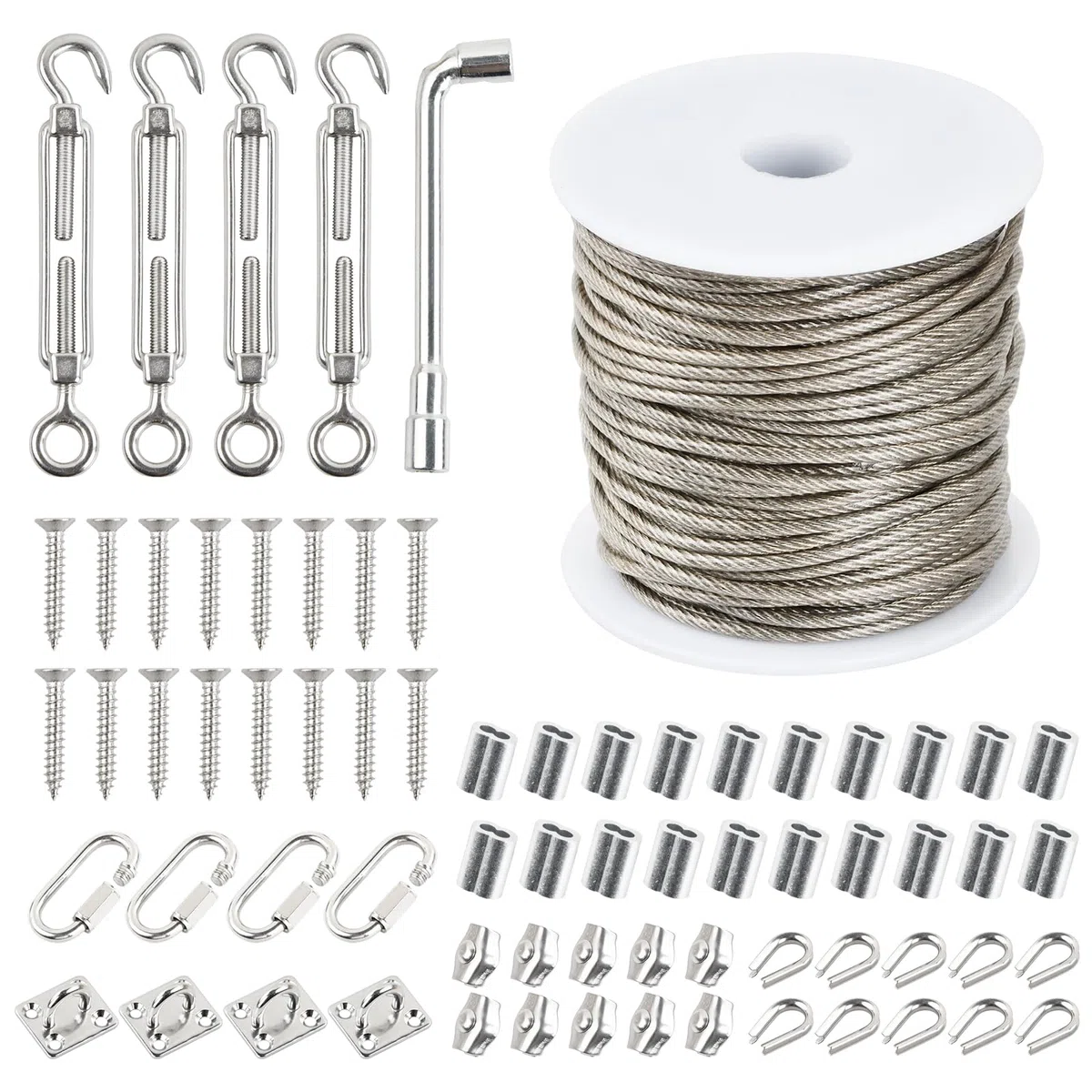 30m Cable Acero 2mm, 70 Pcs Kit, 7x7, Plastificado, con 4 Tensores de Alambre, Presillas, Abrazaderas, Guardacabos, Ganchos, Mosquetones, Cuerda para Tender Ropa Exterior Plantas Jardinería DIY