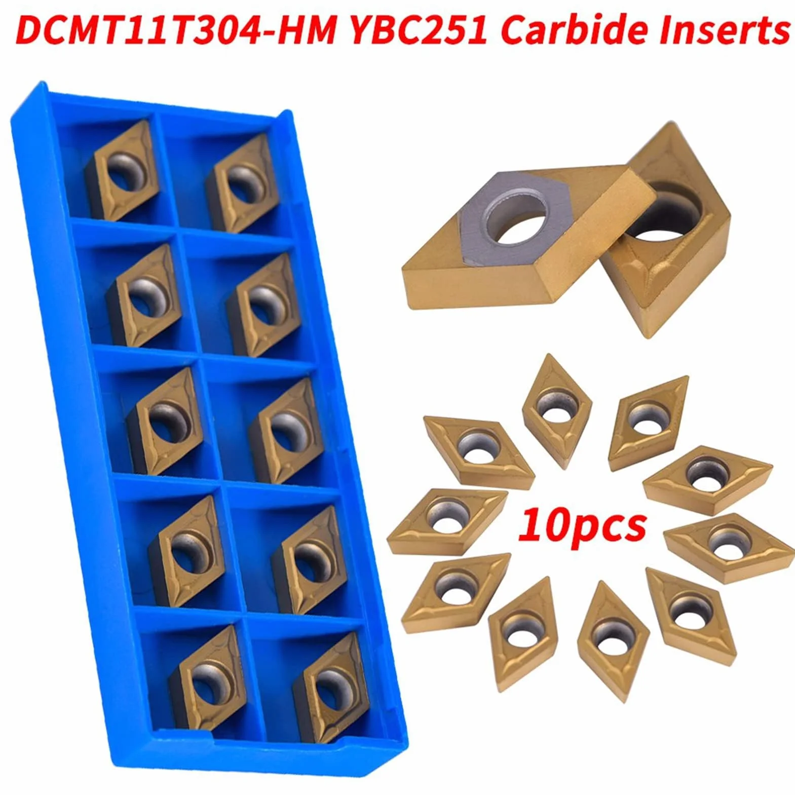Insertos de Puntas de Carburo CNC 10 Uds. Cortador de Cuchillas DCMT11T304-HM YBC251 Soporte de Herramientas de Torneado de Madera Inserto de Repuesto con Caja