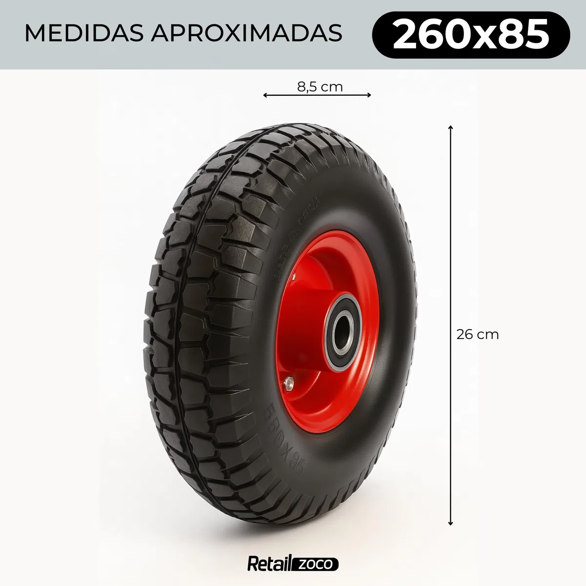 TECHZOCO Ruedas de carretilla, Rueda Carros de Almacén, Rueda neumática, Llanta de Acero, Diámetro 260 mm, Ancho de banda 85 mm, Diámetro buje 20 mm, Soporta hasta 120 Kg, 2 Unidades