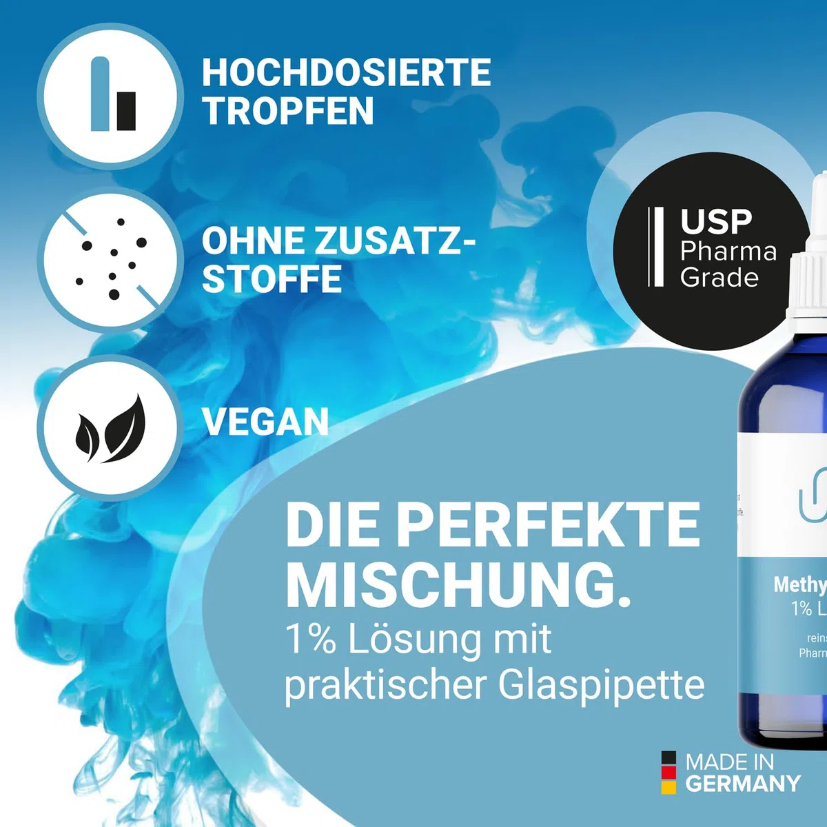 Solución de Azul de Metileno al 1% de calidad farmacéutica USP pura, 2x 100 ml de solución acuosa, sin aditivos, calidad verificada en laboratorio - fabricada en Alemania