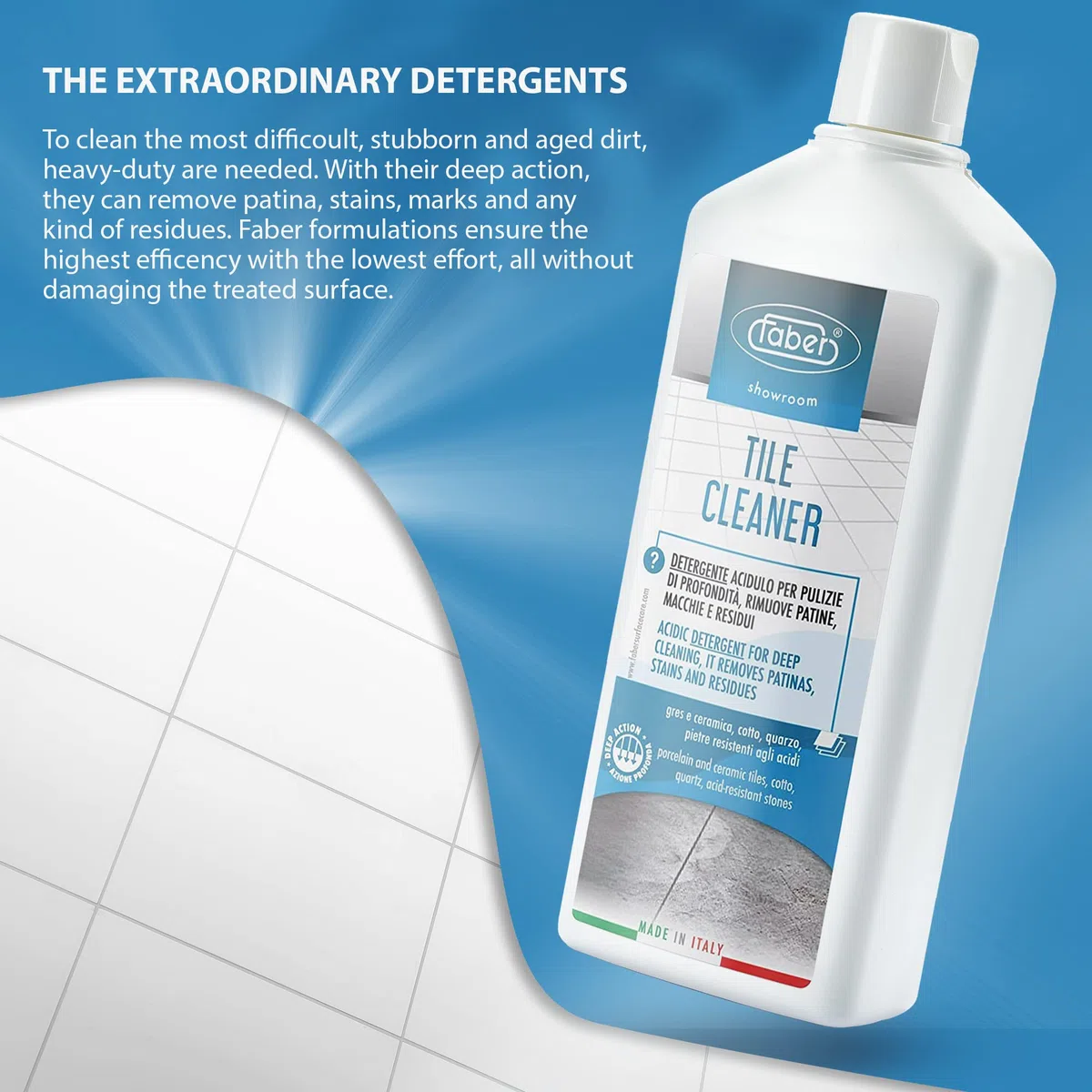 Faber Tile Cleaner 1 l Limpiador acidulo para la Limpieza de Profundidad de Las Superficies y para la eliminación de pátina y residuos.