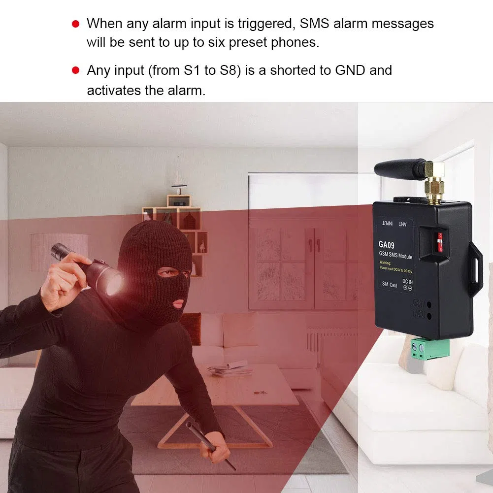 Mini sistema de alarma GSM de seguridad para el hogar de 8 canales con diseño inteligente y llamada de alarma SMS inalámbrica, tamaño ultradelgado, sistema de alarma SMS GA09, personalizado con texto