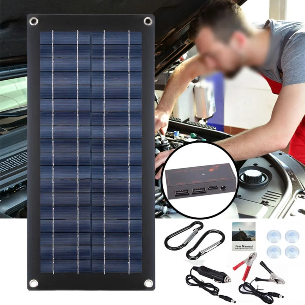 Cargador solar monocristalino de 60 W 18 V, salida de 12 a 18 V CC con puertos USB duales, para mantenimiento de coche/caravana/barco, incluye clips de cocodrilo y ventosas, construcción de