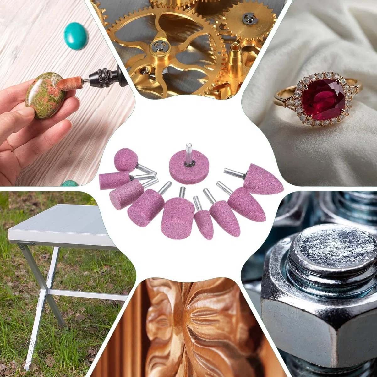 M METERXITY 10-Pack Piedras De Esmeril Abrasivas Montadas, Brocas De Pulido Y Lijado De Óxido De Aluminio Con Vástago De 6mm, Juego De Puntas De 16mm De Diámetro Y 80 Granos [Rosa]