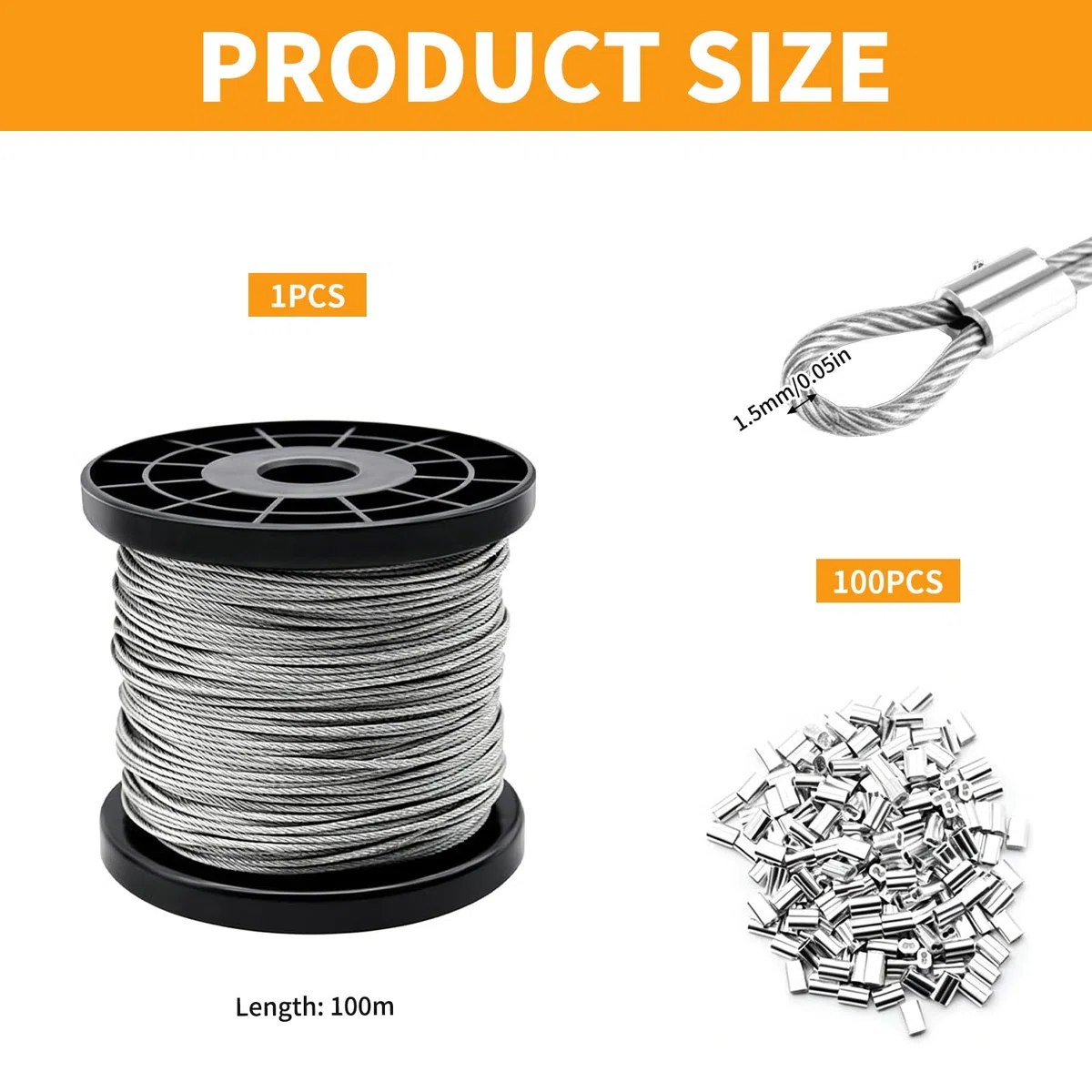 Cable de Acero Inoxidable,Cuerda de Acero 100m,1.5 mm Cable Aceros Inoxidable Cuerda Alambre,Núcleo de 7 x 7 Hebras,para Plantas Trepadoras,Valla,Cuadro,Asegurando la Sombra