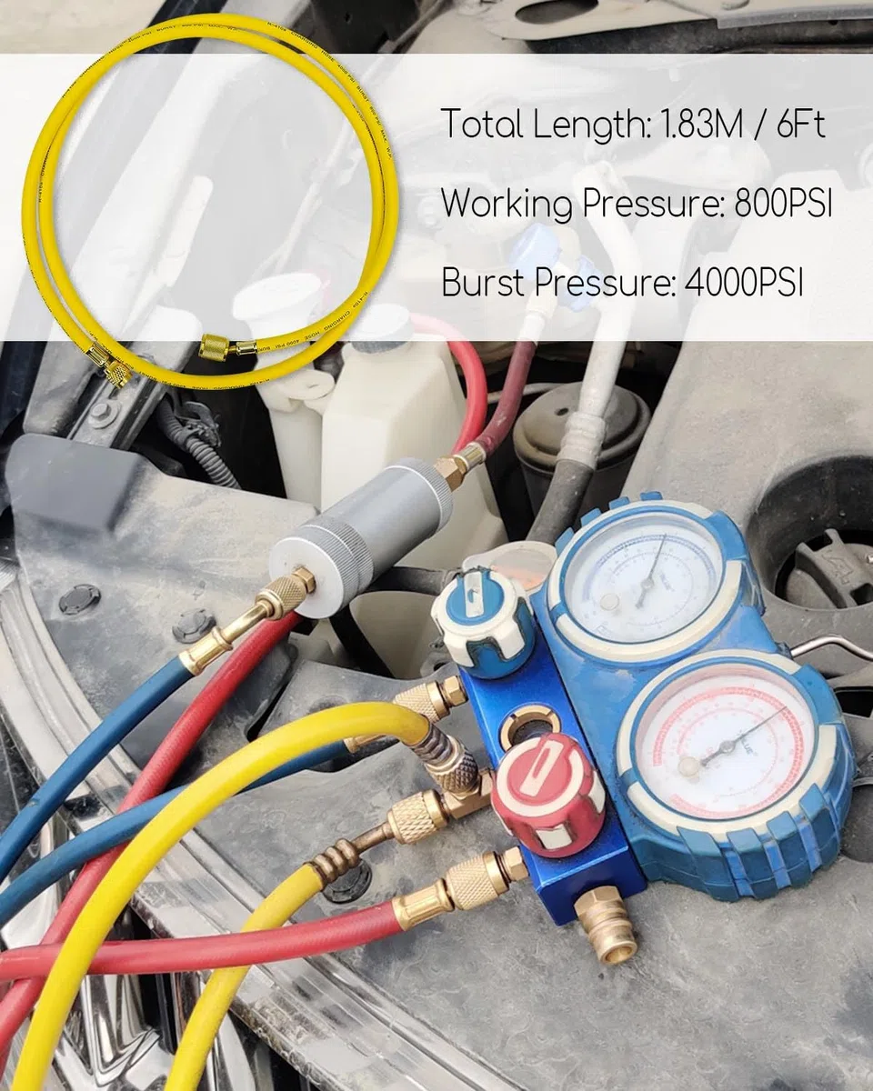 Manguera de carga de refrigerante de 3/8 pulgadas, manguera de carga HVAC certificada por vacío de 3/8 pulgadas FL a 1/4 pulgadas, amarilla 6 pies, presión de trabajo de 800 PSI, para sistemas R410A y