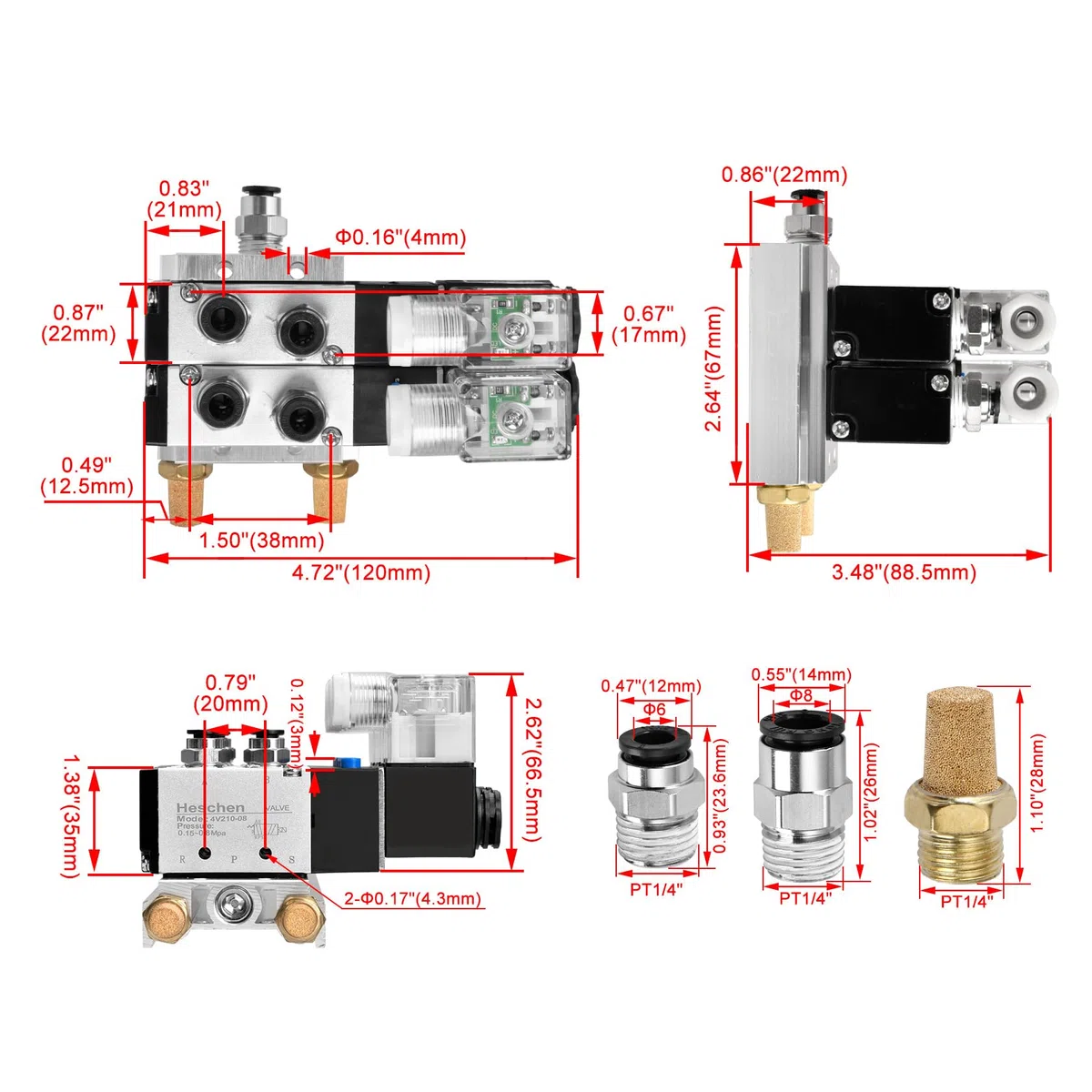 Heschen Válvula solenoide neumática eléctrica doble 4V210-08 DC 24V PT1/4 5 vías 2 posiciones silenciador base de colector juego de accesorios rápidos