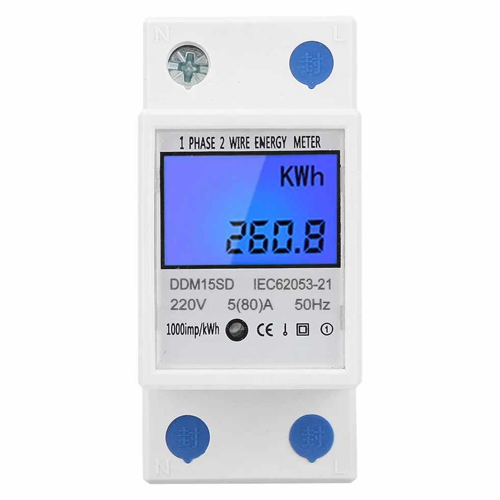 DDM15SD KWh Medidor de Energía Medidor de Energía Monofásico Pantalla Digital con Retroiluminación LCD 5-80a
