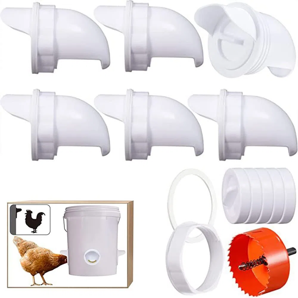 Comederos para Gallinas 6 Puertos,Comedero Automatico Gallinas,DIY Comedero Gallinas Kit [Anti-Residuos],Comedero Pollitos Alimentador de Pollos,para Cubos Barriles Comederos