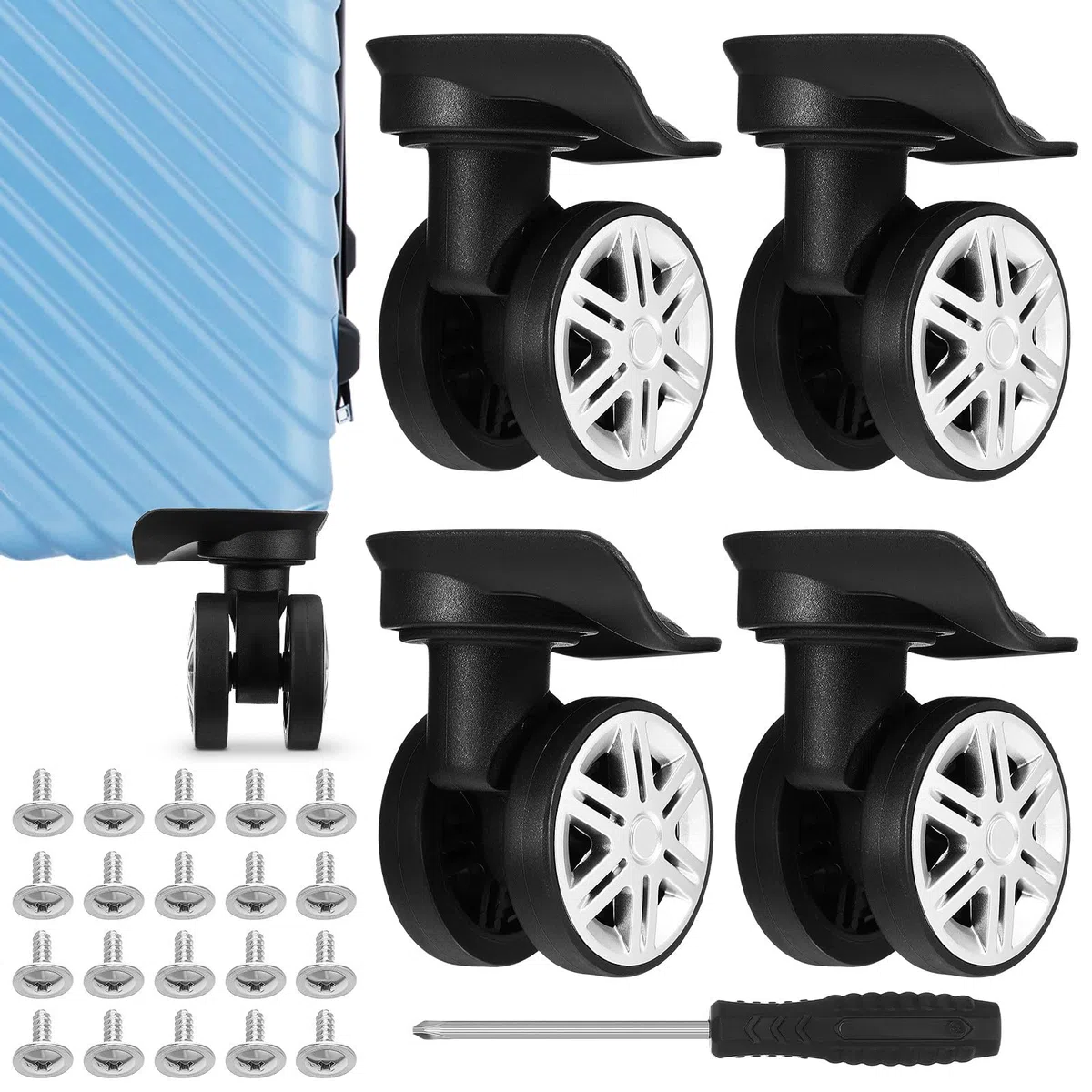 ULTECHNOVO Paquete de 4 Ruedas de Repuesto para Equipaje, Ruedas Giratorias de Doble para Maletas de Viaje, Kit de Reparación con Tornillos Y Destornillador.