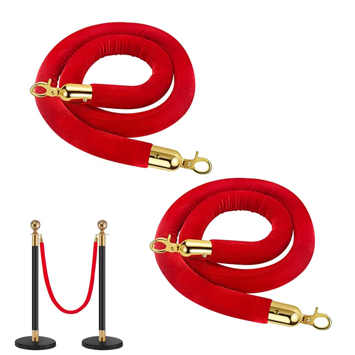 2 piezas Roja Cuerdas de Barrera de Terciopelo Barrier Ropes Barrera de seguridad de cuerda de control de multitudes 150cm