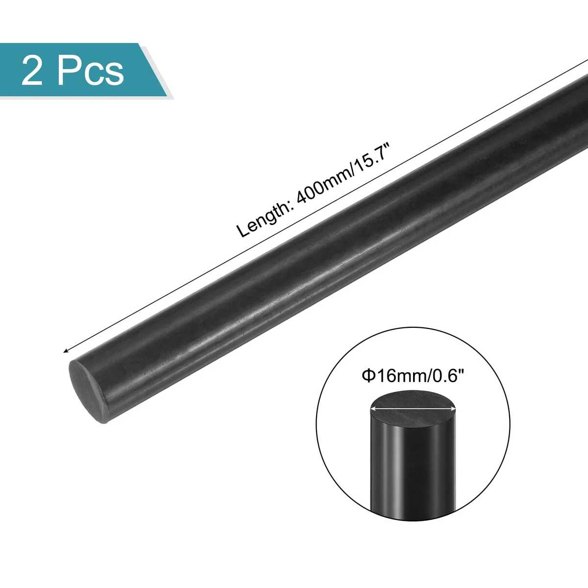 sourcing map Barra de plástico ABS redonda sólida de 16 mm x 400 mm, color negro para material de modelo de bricolaje, fabricación de modelos arquitectónicos, mesa de arena de bricolaje, paquete de 2