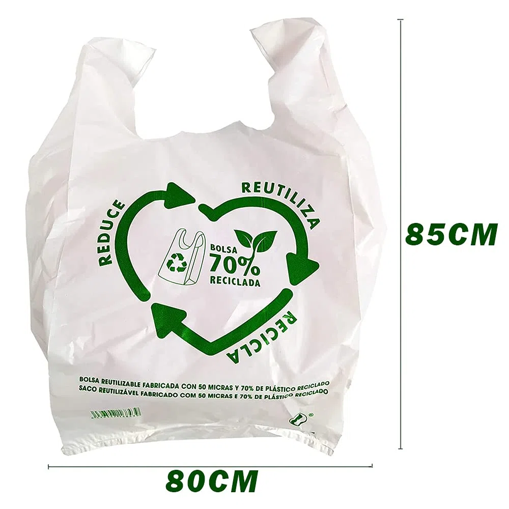 HUSL Bolsas De Plástico Tipo Camiseta, Resistentes, Reutilizables y 70% Recicladas, Galga 200, Tamaños Variados, Gran Resistencia, 70% Recicladas, Cumple Normativas, Aptas Uso Alimentario (80x85cm)