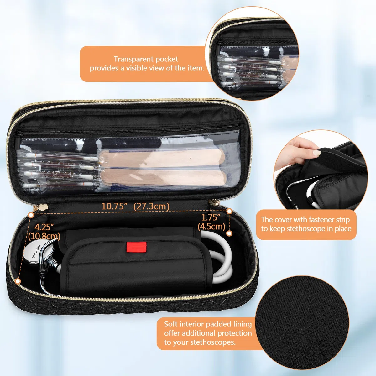 Damero Estuche para Estetoscopio de Doble capa compatible con el Estetoscopio Littmann/ADC/Omron de 3M, Estuche de Transporte para Estetoscopio Bolsa de Viaje para Accesorios de Enfermera, Negro