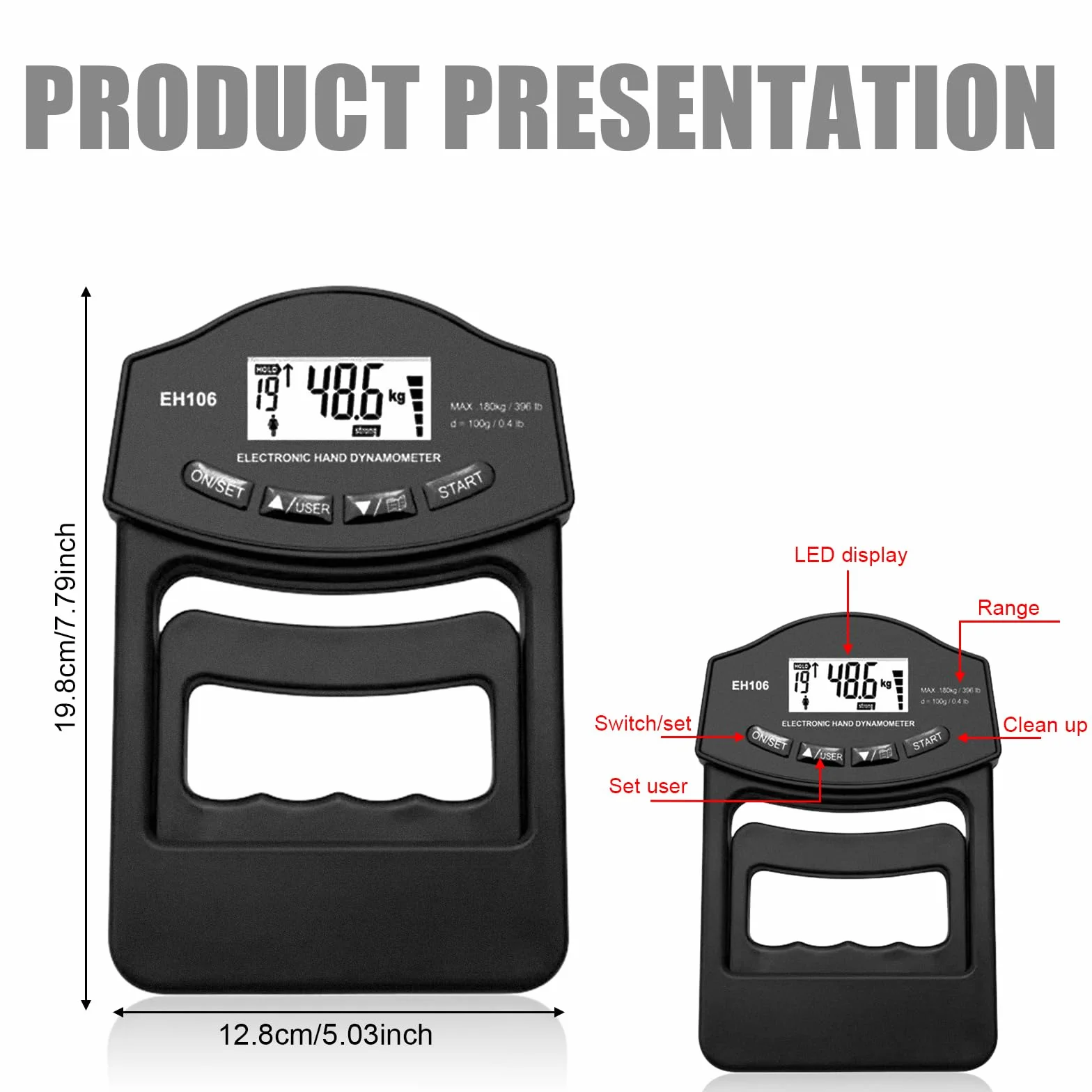 Medidor de fuerza digital manual, 396lb/180kg, dinamómetro de mano, inteligente y sensible, agarre de fuerza electrónica, gran pantalla LED con cable de carga USB